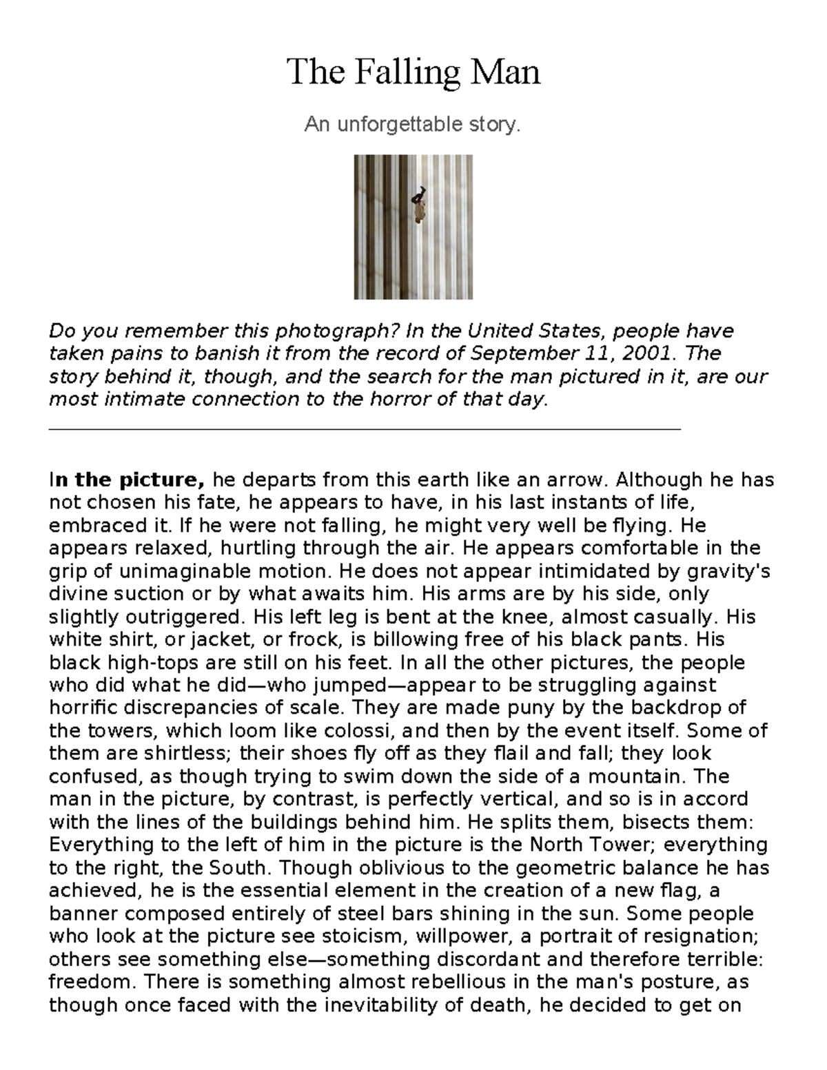 The Falling Man: A Profound Reflection on 9/11's Human Tragedy - Studocu