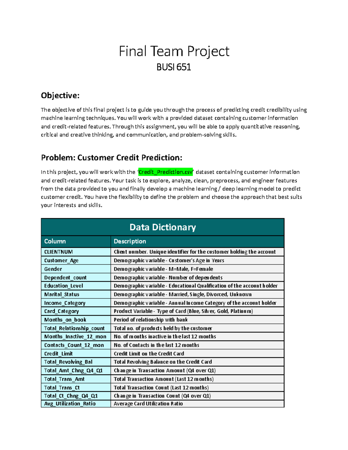 Final Group Project - Guideline - Final Team Project BUSI 651 Objective ...