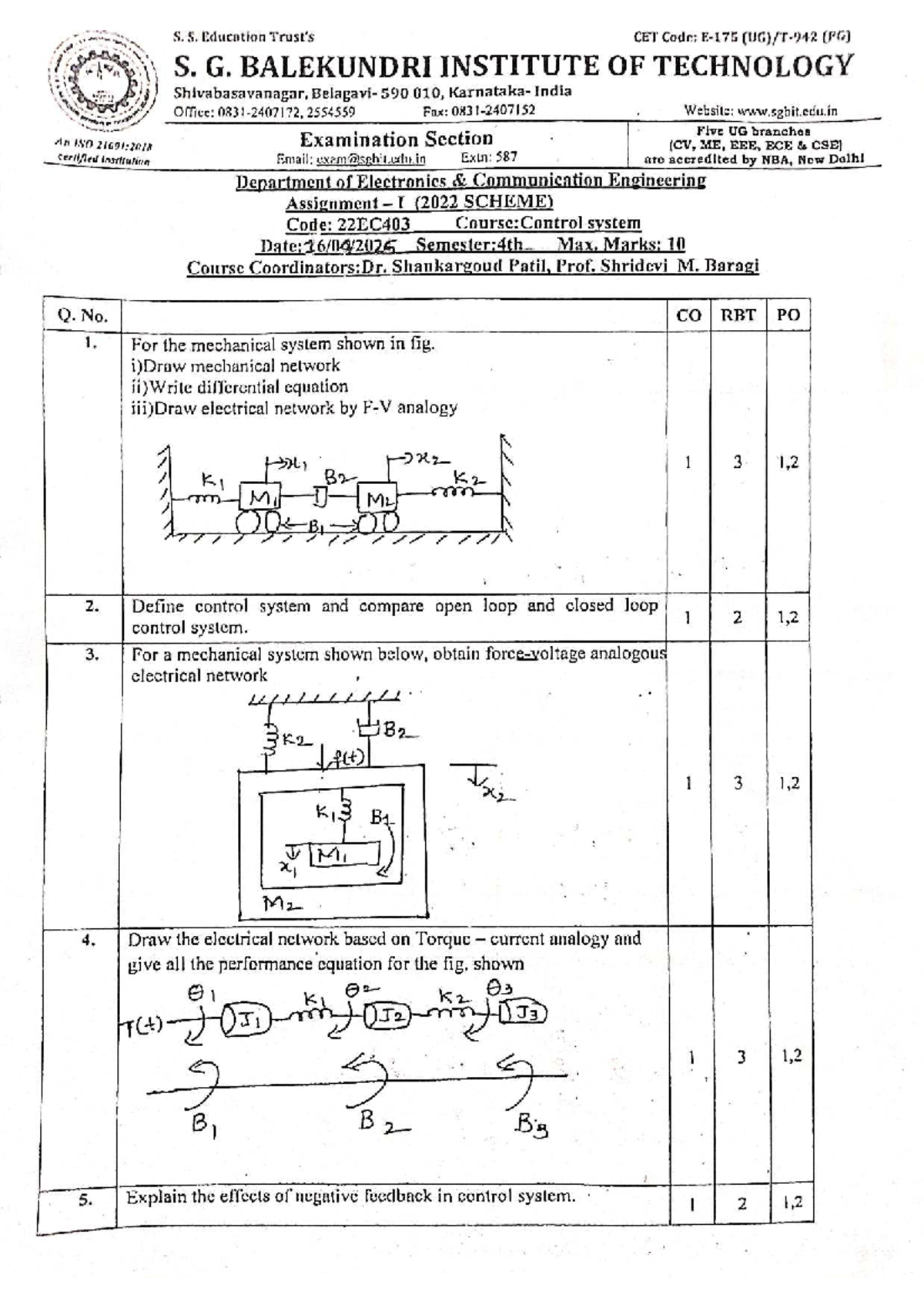 Control Systems Assignment (22EC403) - 4th Semester Notes - Studocu
