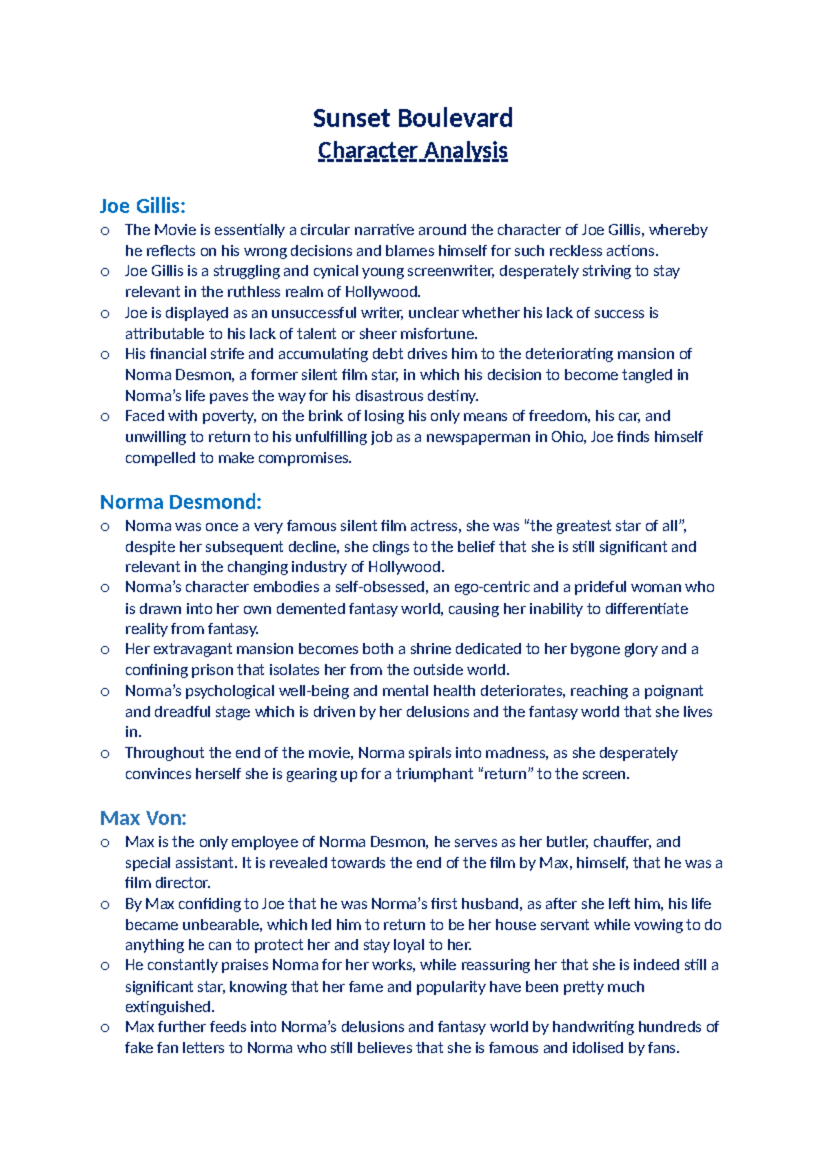 Character Analysis of Sunset Boulevard: Joe, Norma, and Max - Studocu