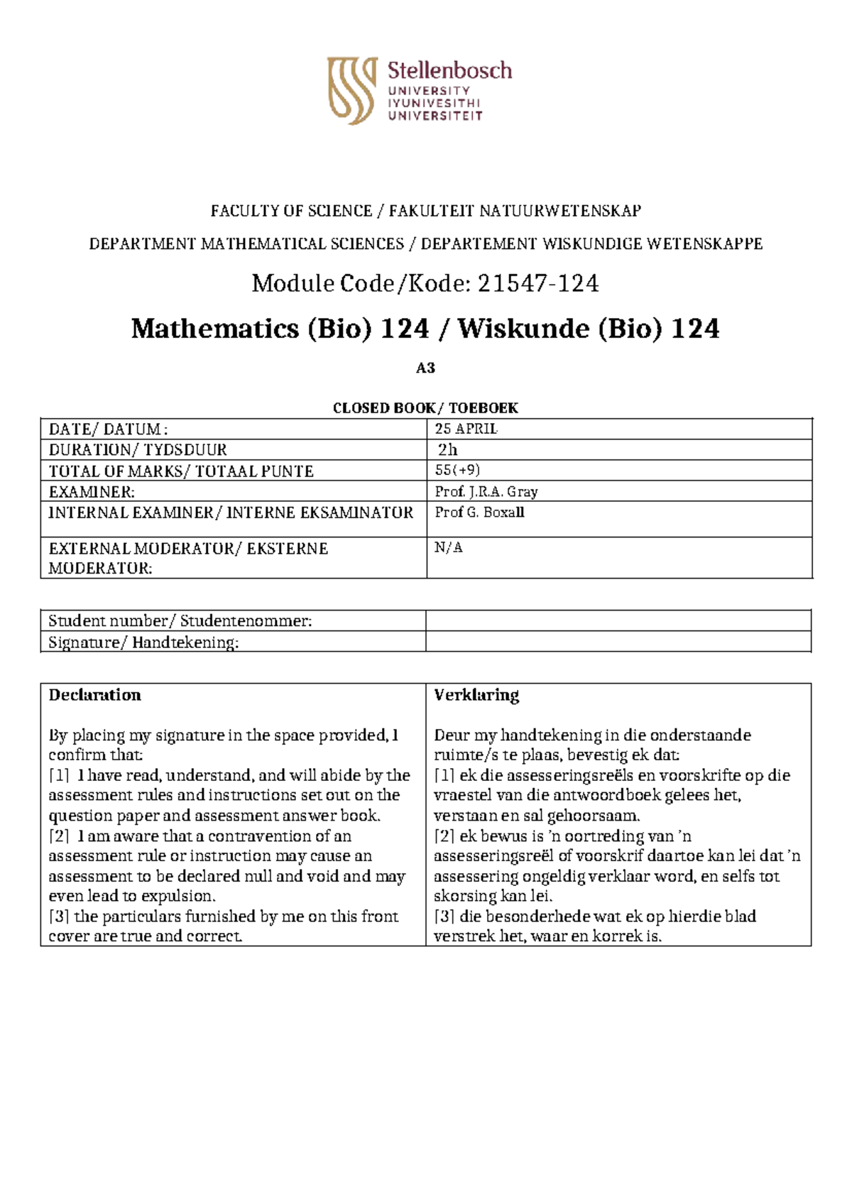 Mathematics (Bio) 124 A3 Exam Instructions and Guidelines - Studocu