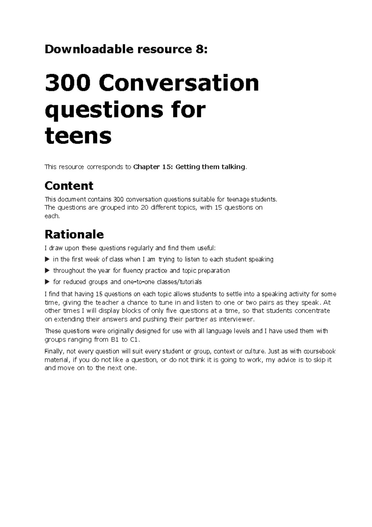 Understanding Teenagers ELT: 300 Conversation Questions for Teens - Studocu