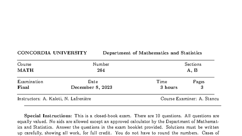 Final Exam MATH 264 - Department of Mathematics and Statistics - Studocu