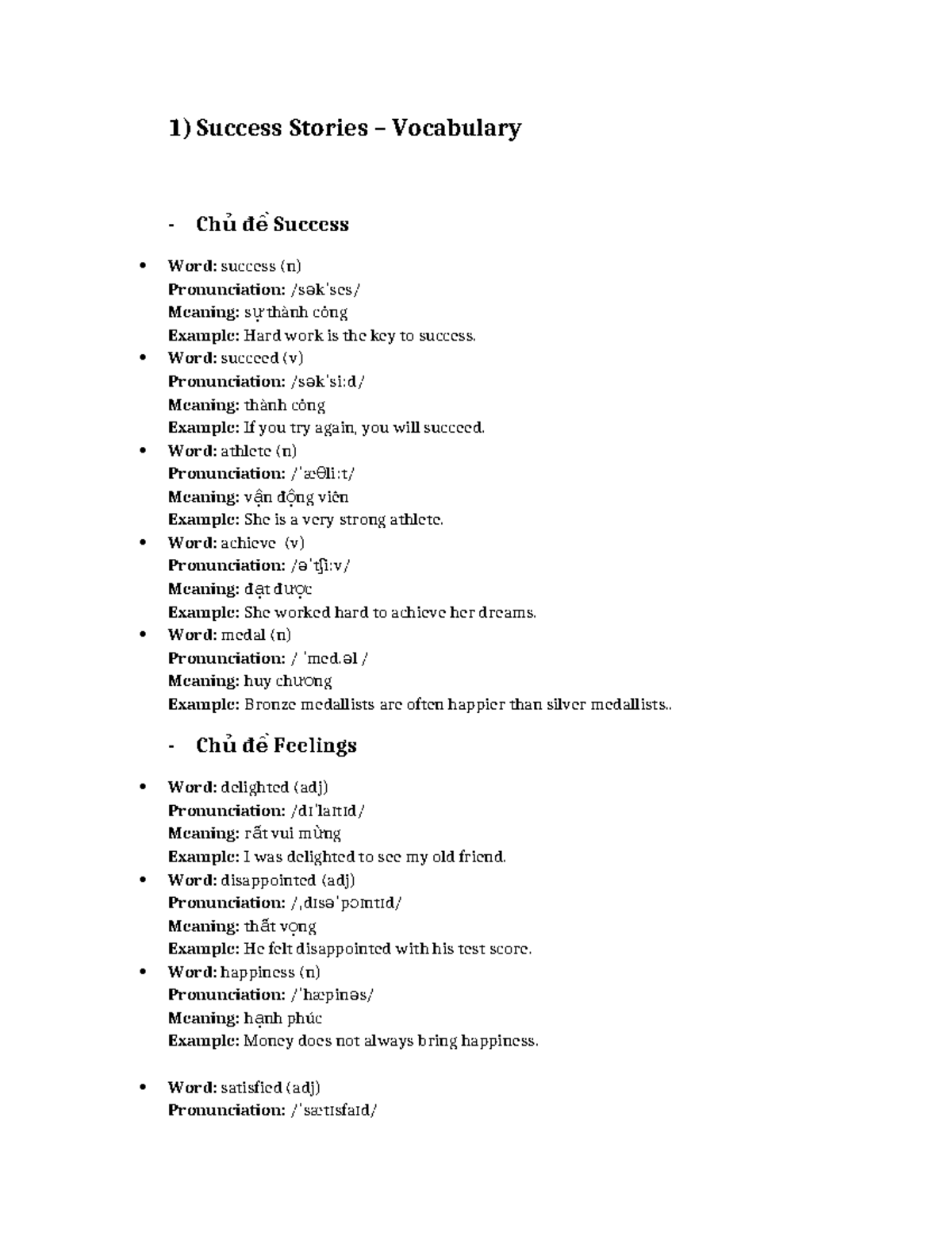Success Vocabulary and Feelings - Key Terms and Examples - Studocu