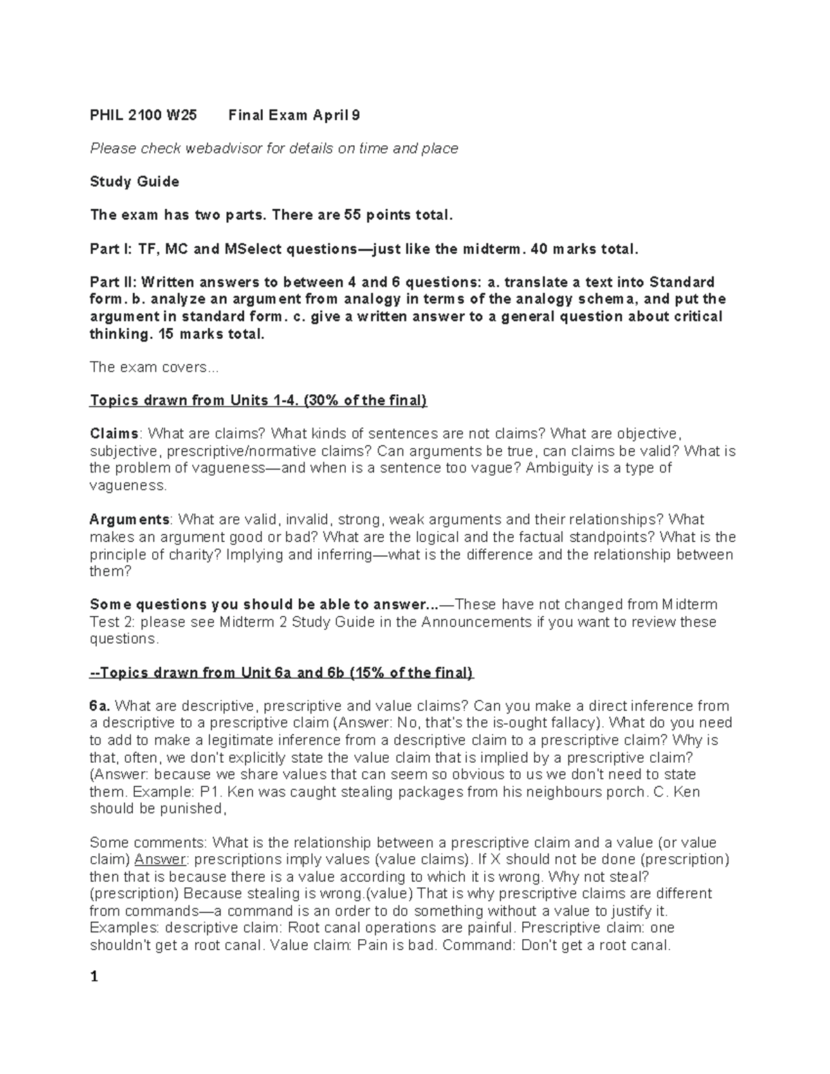 PHIL 2100 W25 Final Study Guide - PHIL 2100 W25 Final Exam April 9 ...