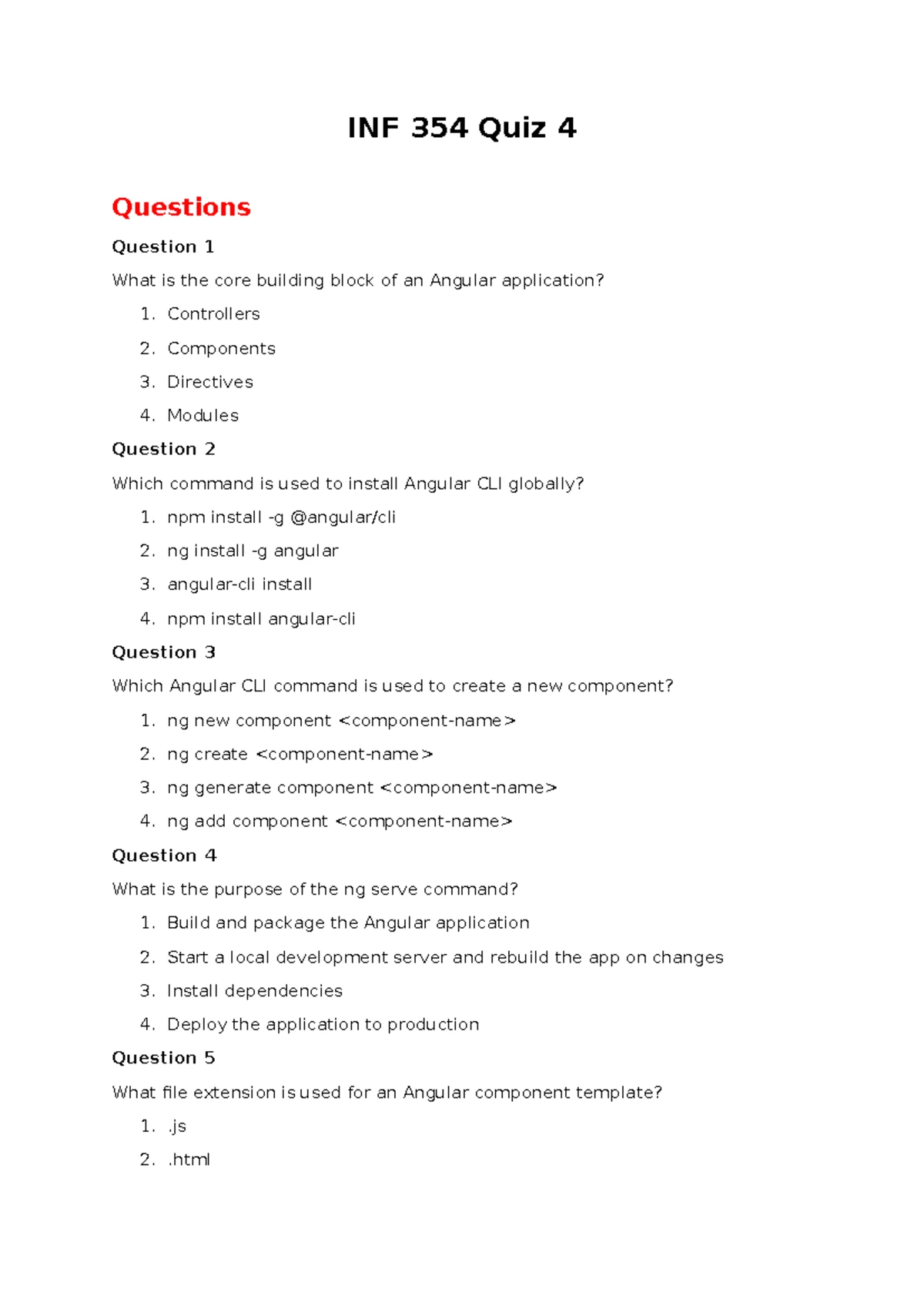 INF 354 Quiz 5: Ionic Framework Key Concepts & Questions - Studocu