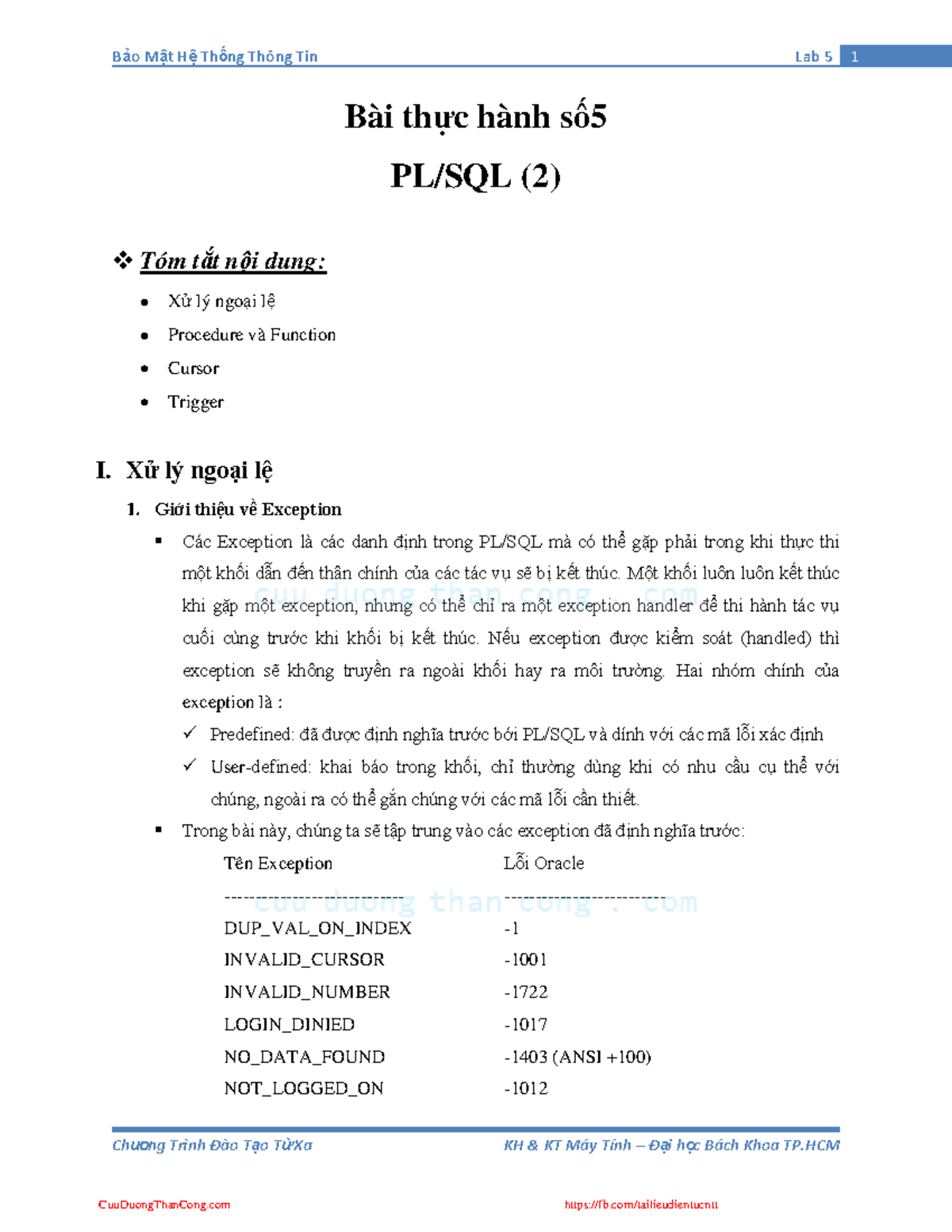 Bài Thực Hành 5 - PL/SQL (2) - Exception, Procedure, Cursor, Trigger ...