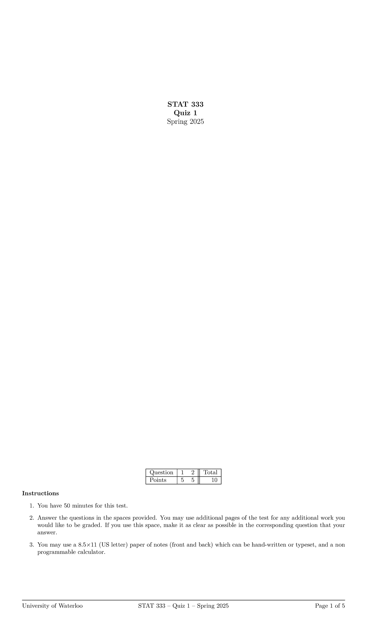 STAT 202 Quiz 1 Solutions - Spring 2025 Notes - Studocu