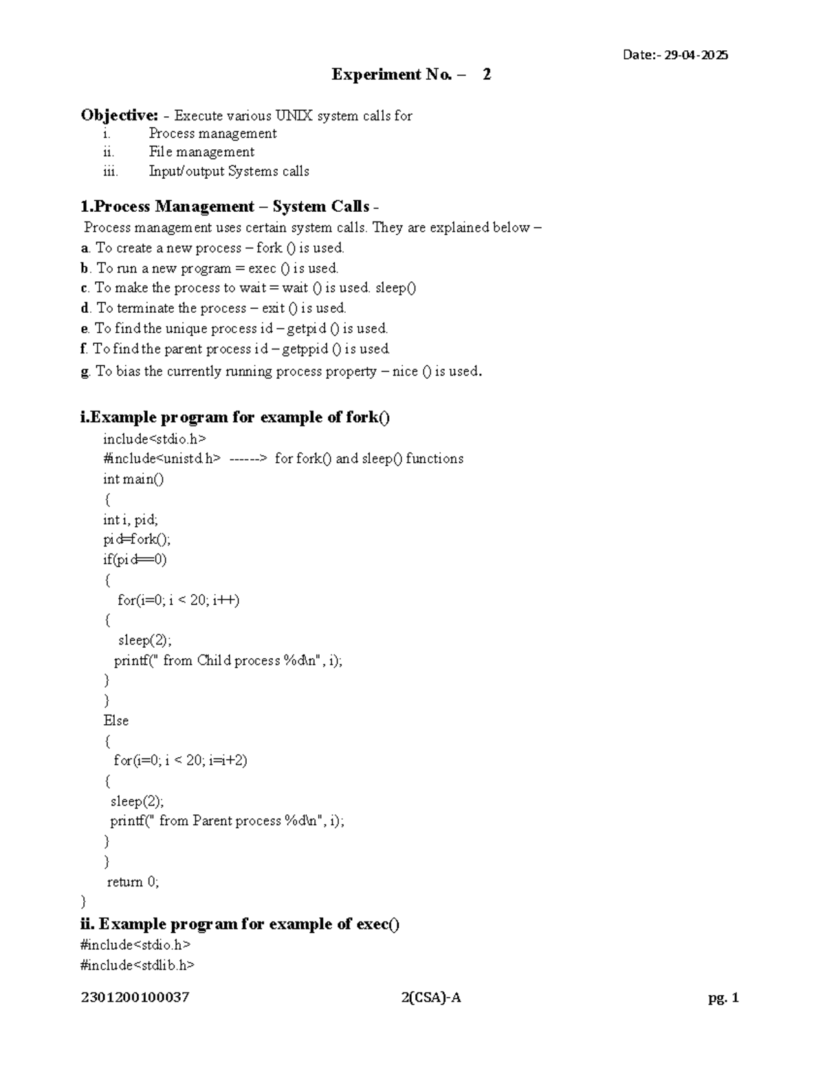 OS 101: Experiment No. 2 - UNIX System Calls for Process & File ...