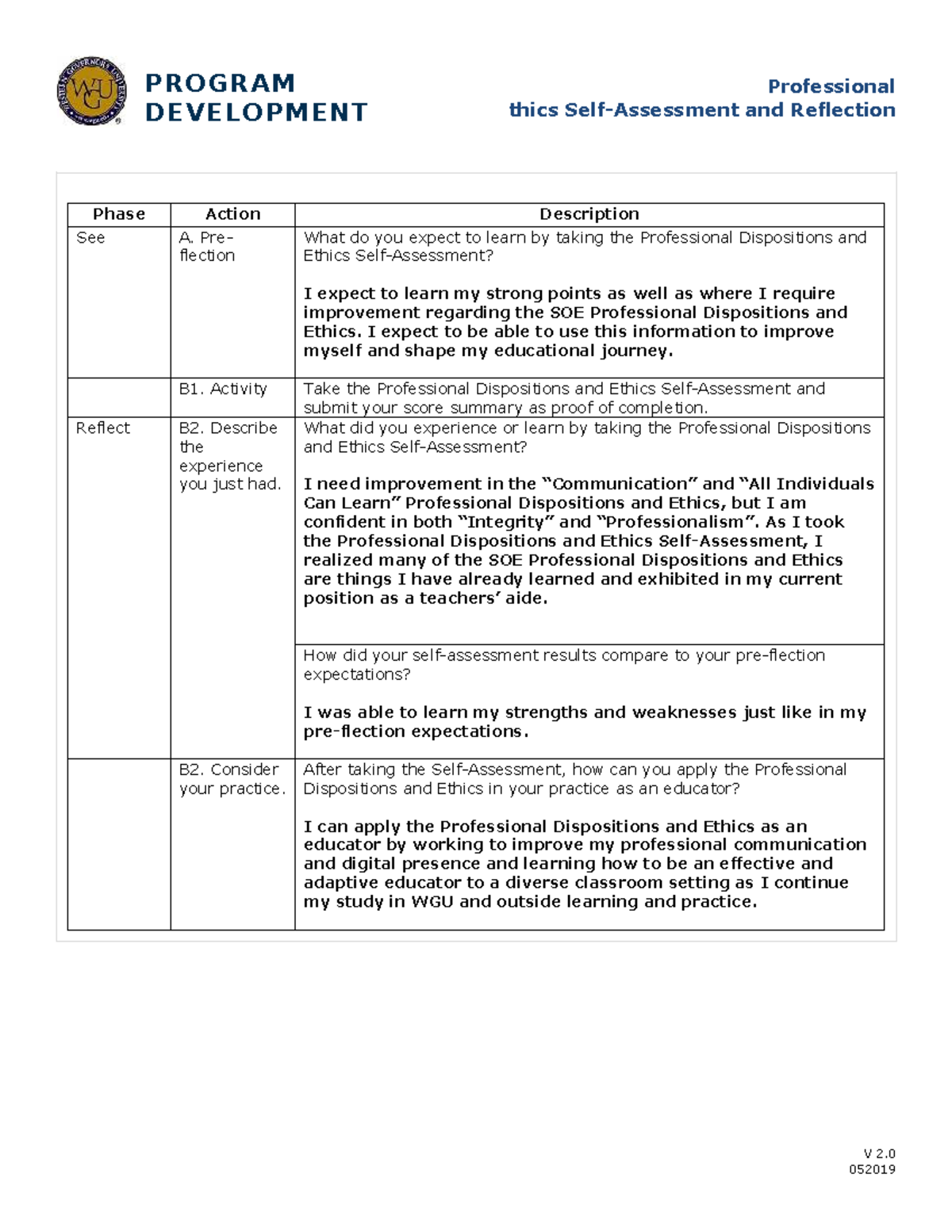 PROGRAM Professional Dispositions and Ethics Reflection - Task 1 Self ...