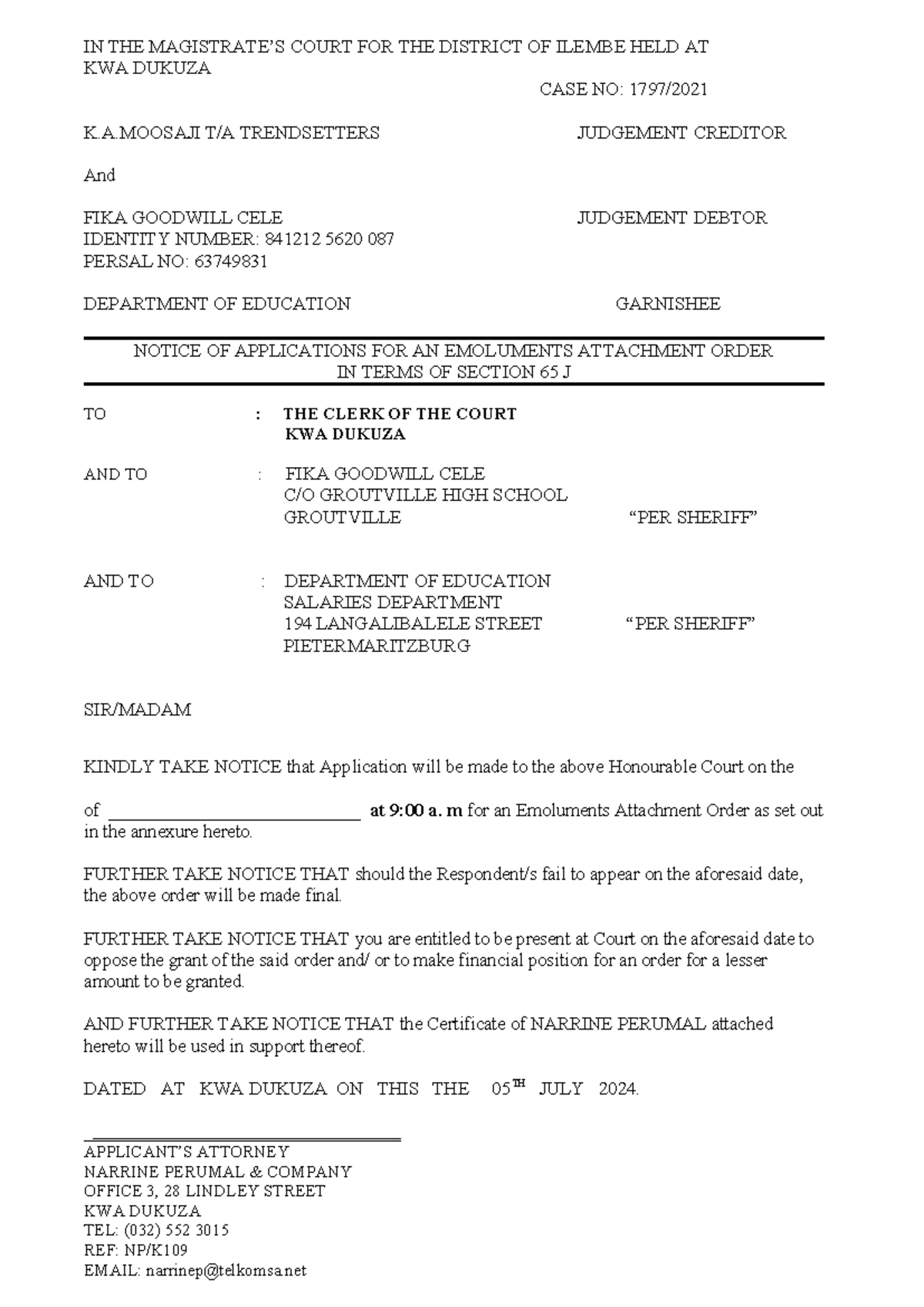Emoluments Attachment Application K109 - Magistrate's Court Judgment ...