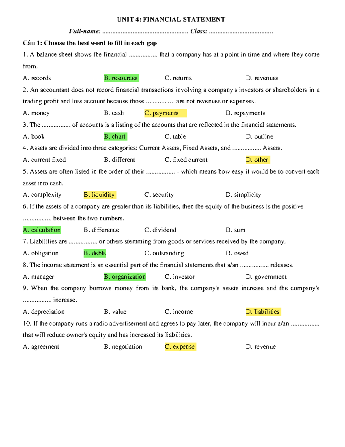 UNIT 4: FINANCIAL STATEMENT - Multiple Choice Questions and Answers ...