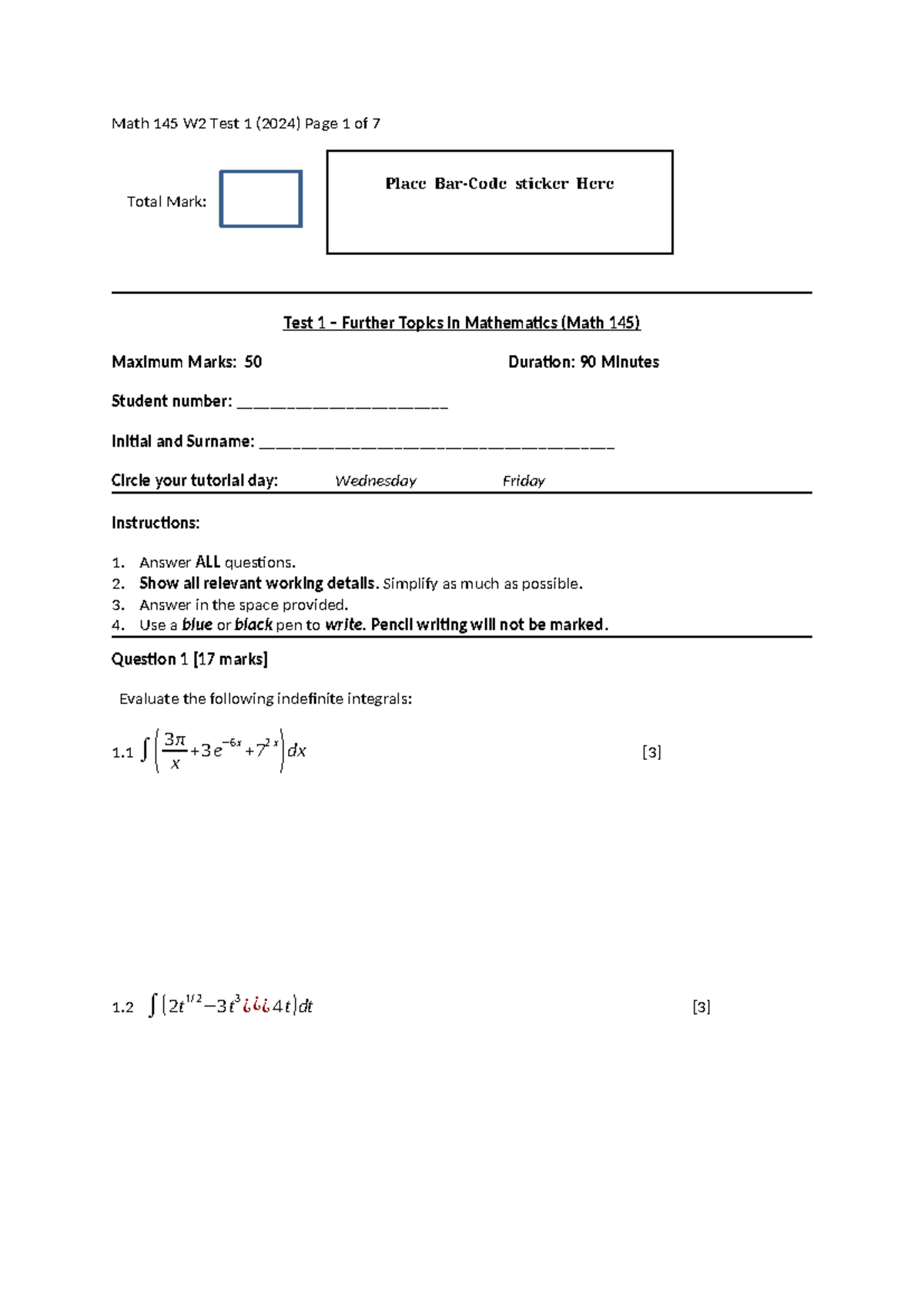 TEST 1 - MATH 145 W2 - Further Topics in Mathematics (2024) - Studocu