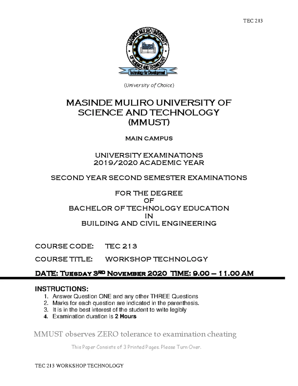 EMT101 - Workshop Technology I Final Exam Questions and Instructions ...