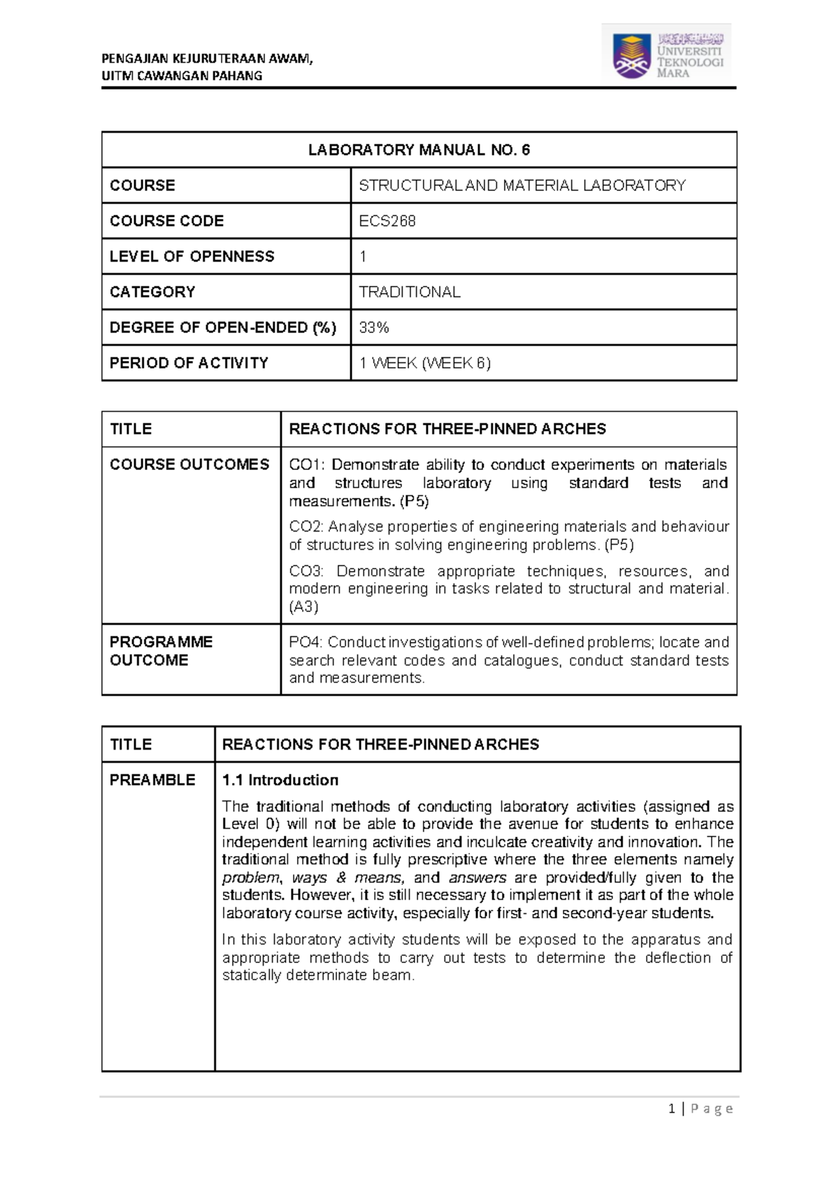 ECS268 - Laboratory Manual No. 6: Reactions for Arches (Level 1) - Studocu