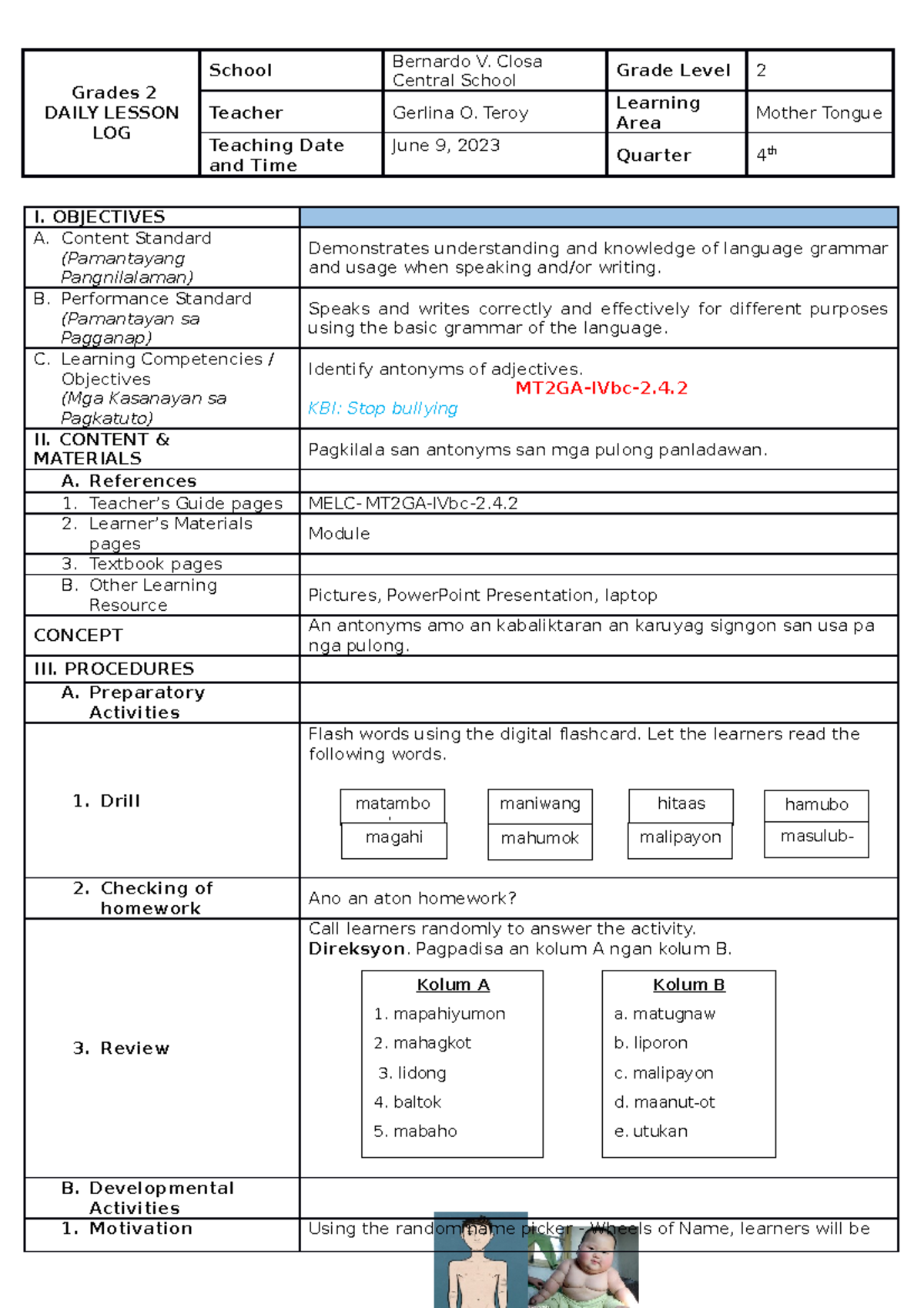 MTB Final DEMO LP - Lesson Plan for Antonyms in Grade 2 - Studocu