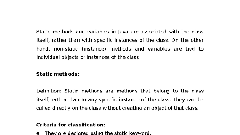 Java Static vs Instance Methods and Variables - Discussion 3 - Studocu