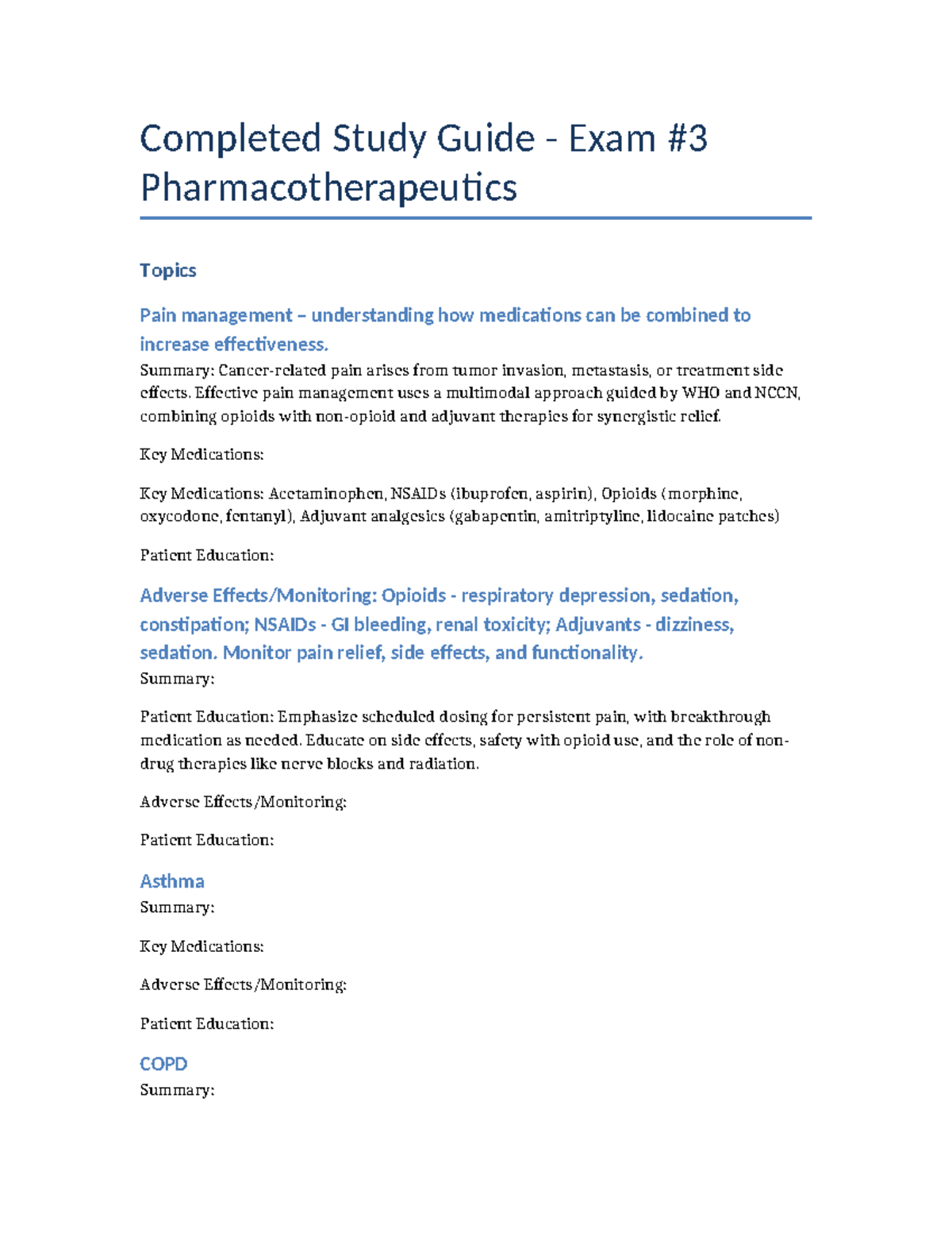 Corrected Study Guide: Pharmacotherapeutics Exam on Pain Management ...