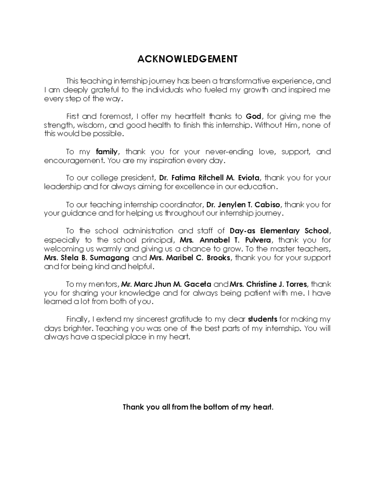 Teaching Internship Acknowledgements and Dedication Summary - Studocu