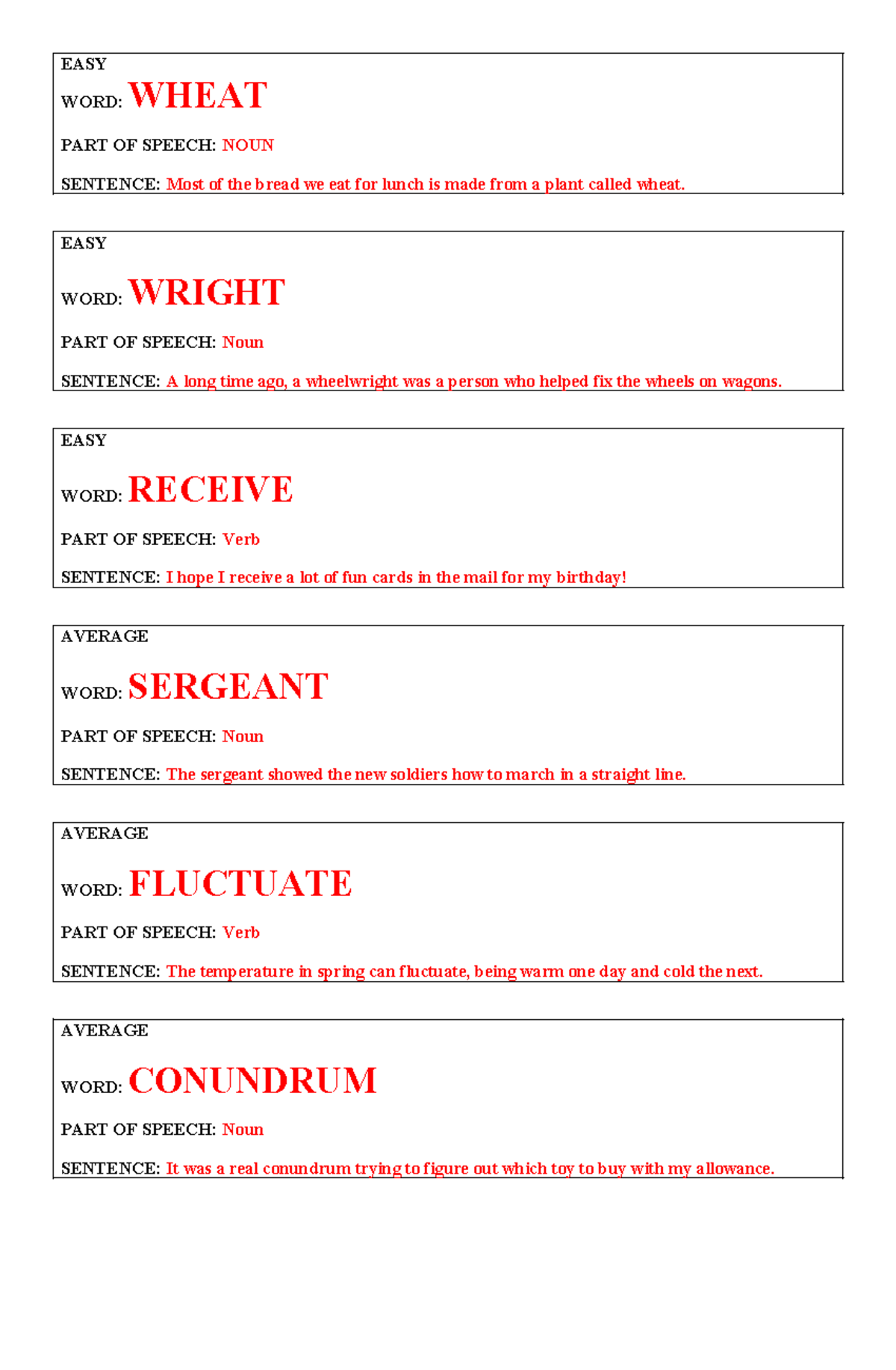 Spelling Format: Easy & Average Words with Sentences - Studocu