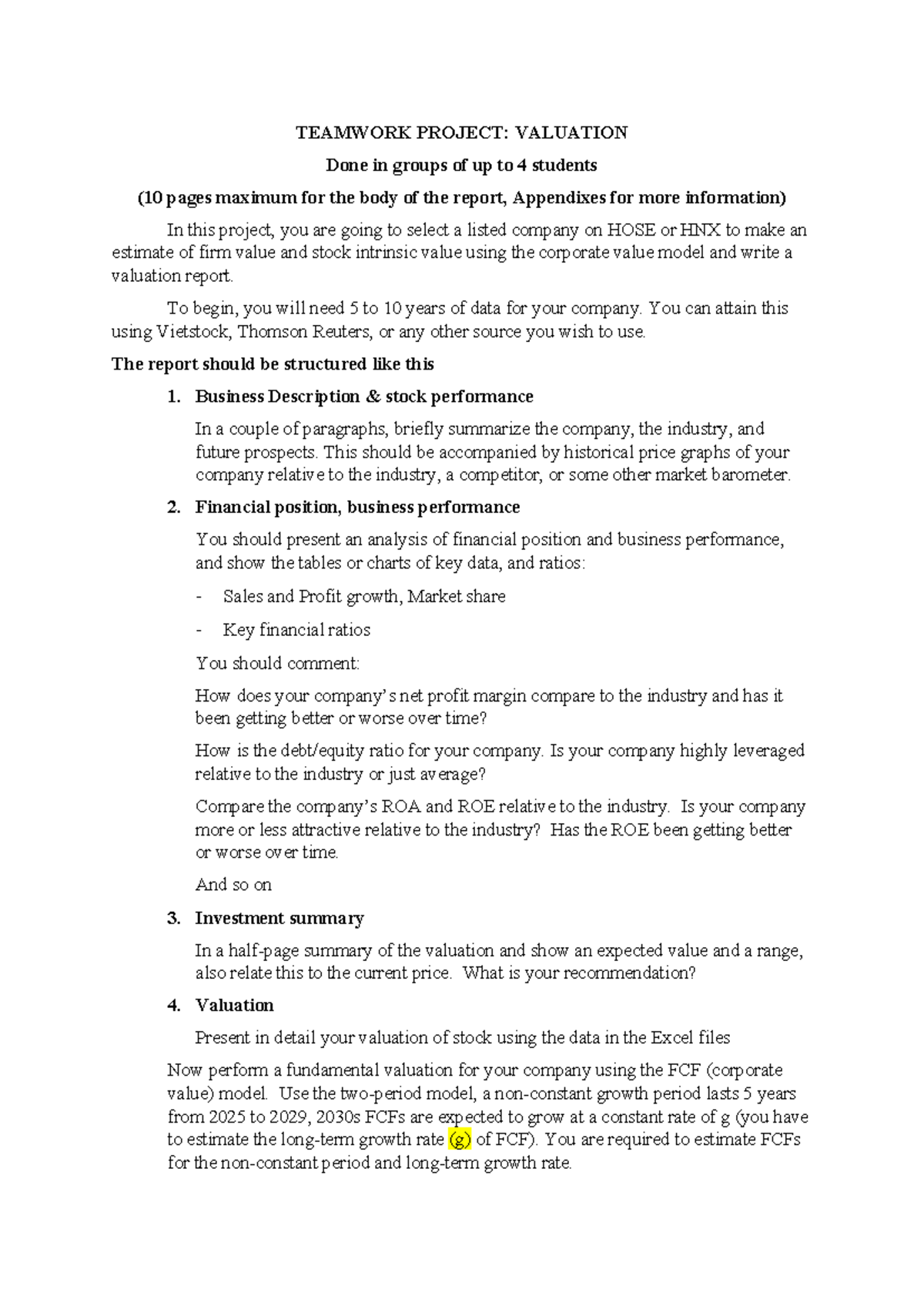 Valuation Report for Teamwork Project: FCF Model Analysis - Studocu