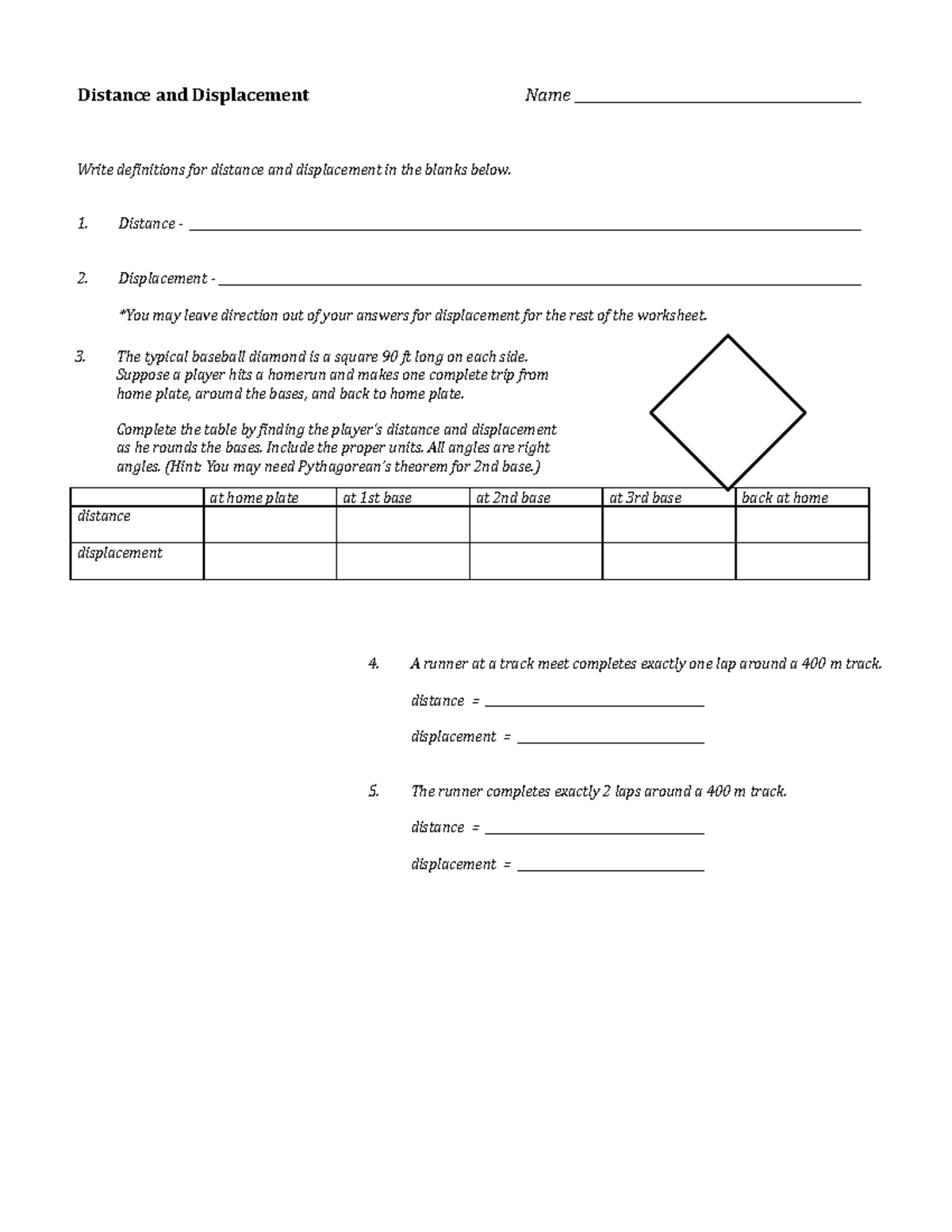 Distance Displacement Worksheet