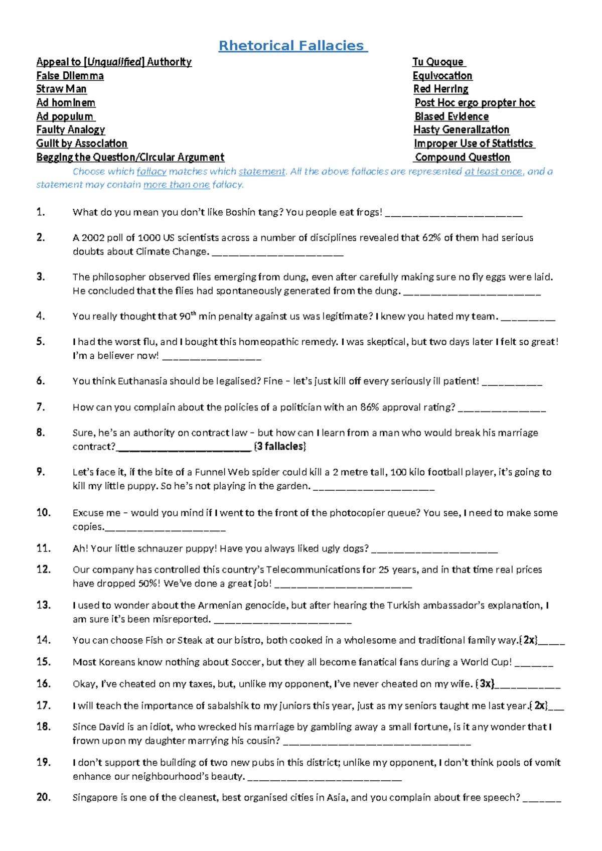 Rhetorical Fallacy Quiz Sheet 24 1-20 - Rhetorical Fallacies Appeal to ...