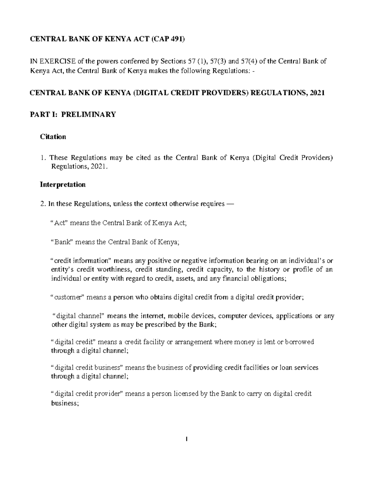 Draft Digital Credit Providers Regulations 2021 (CAP 491) - Studocu