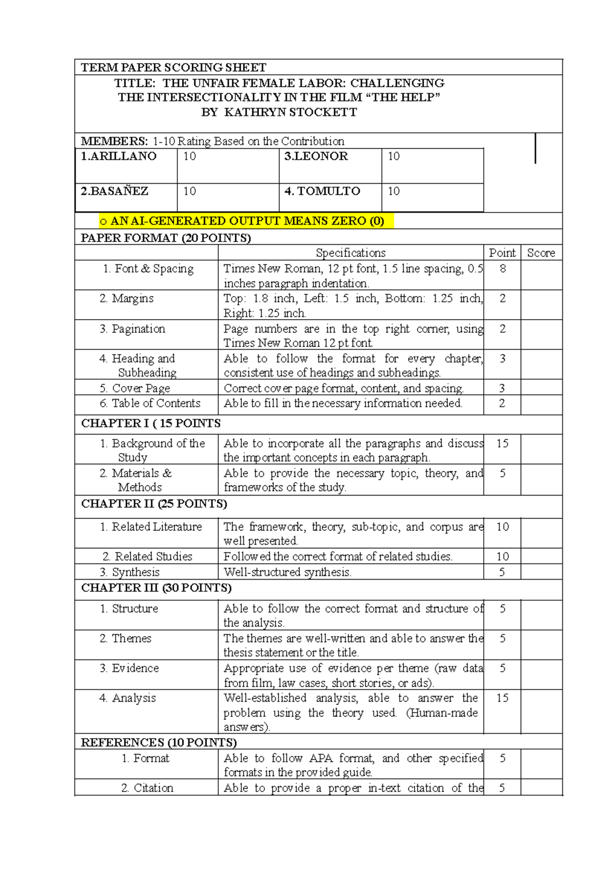 TERM Paper Scoring Sheet - TERM PAPER SCORING SHEET TITLE: THE UNFAIR ...