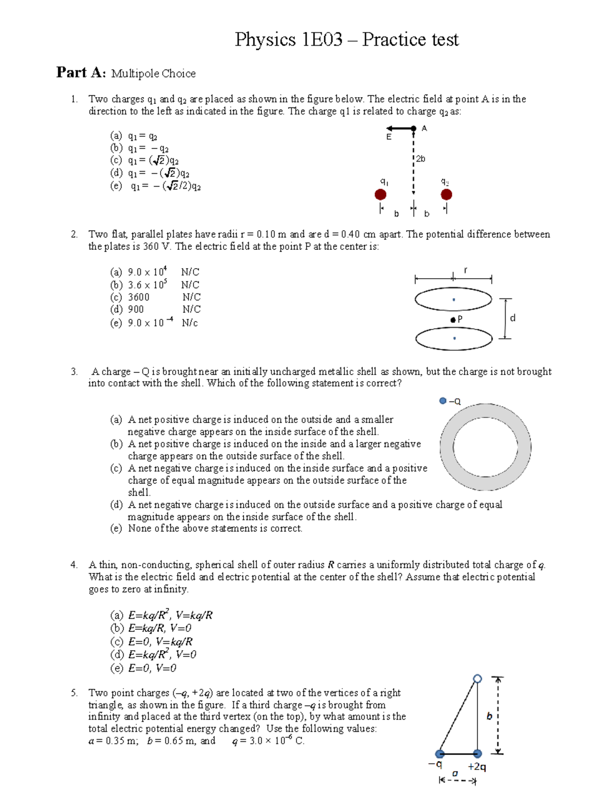 Physics 1E03 Practice Test 1: Electric Fields & Charge Interactions ...