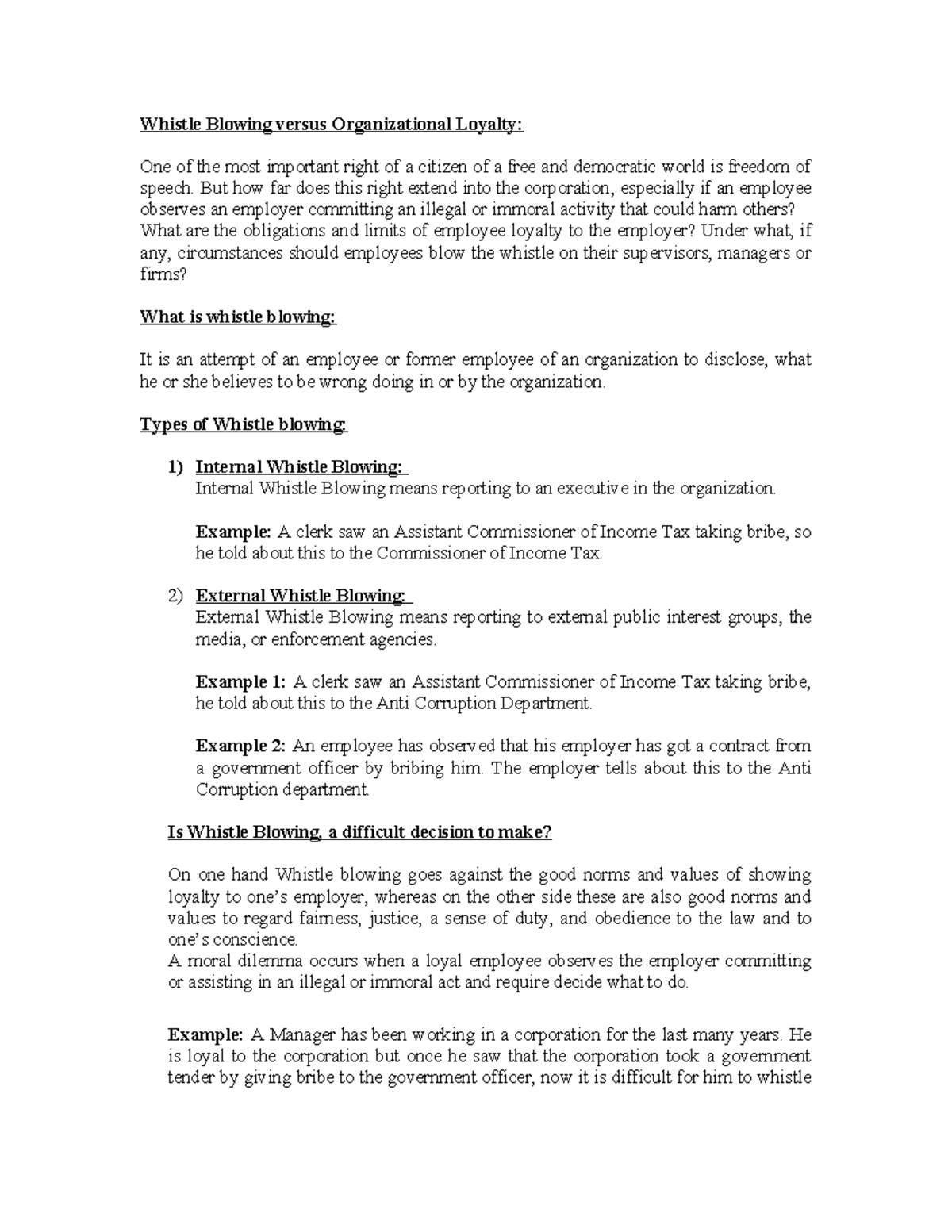Lec Notes 6 - Whistle Blowing vs. Org Loyalty in Business Ethics - Studocu
