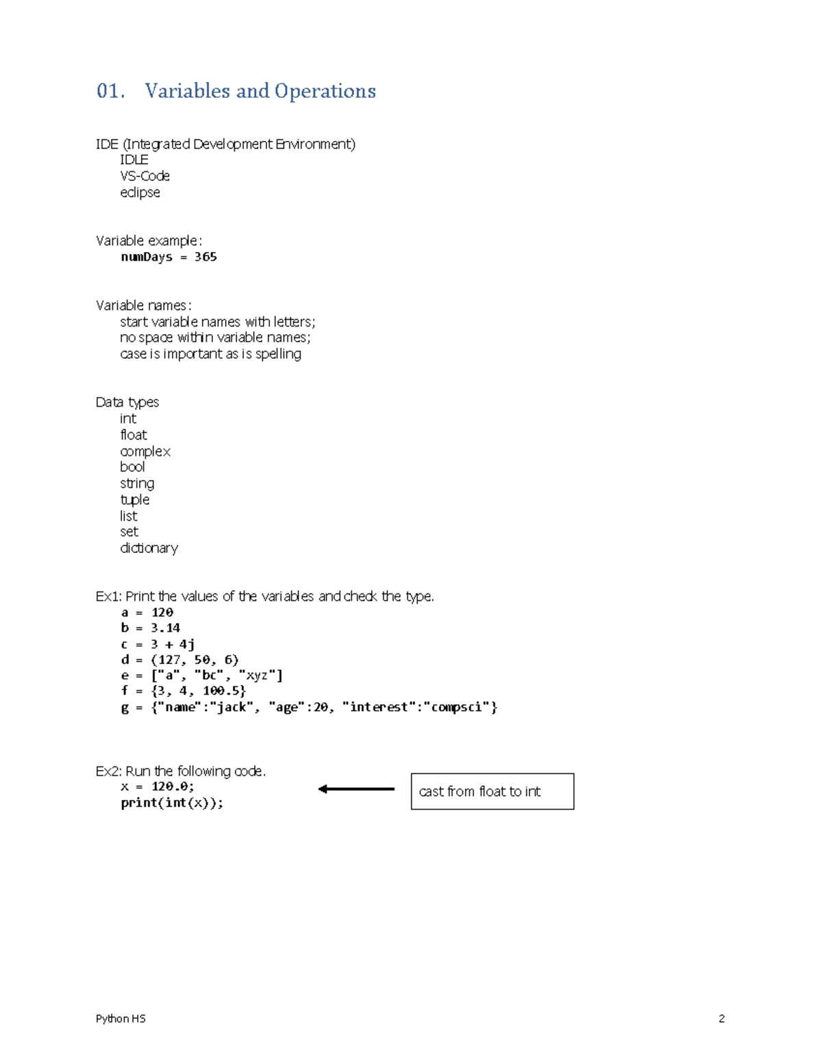 Python HS-01: Variables, Operations, and Functions Overview - Studocu