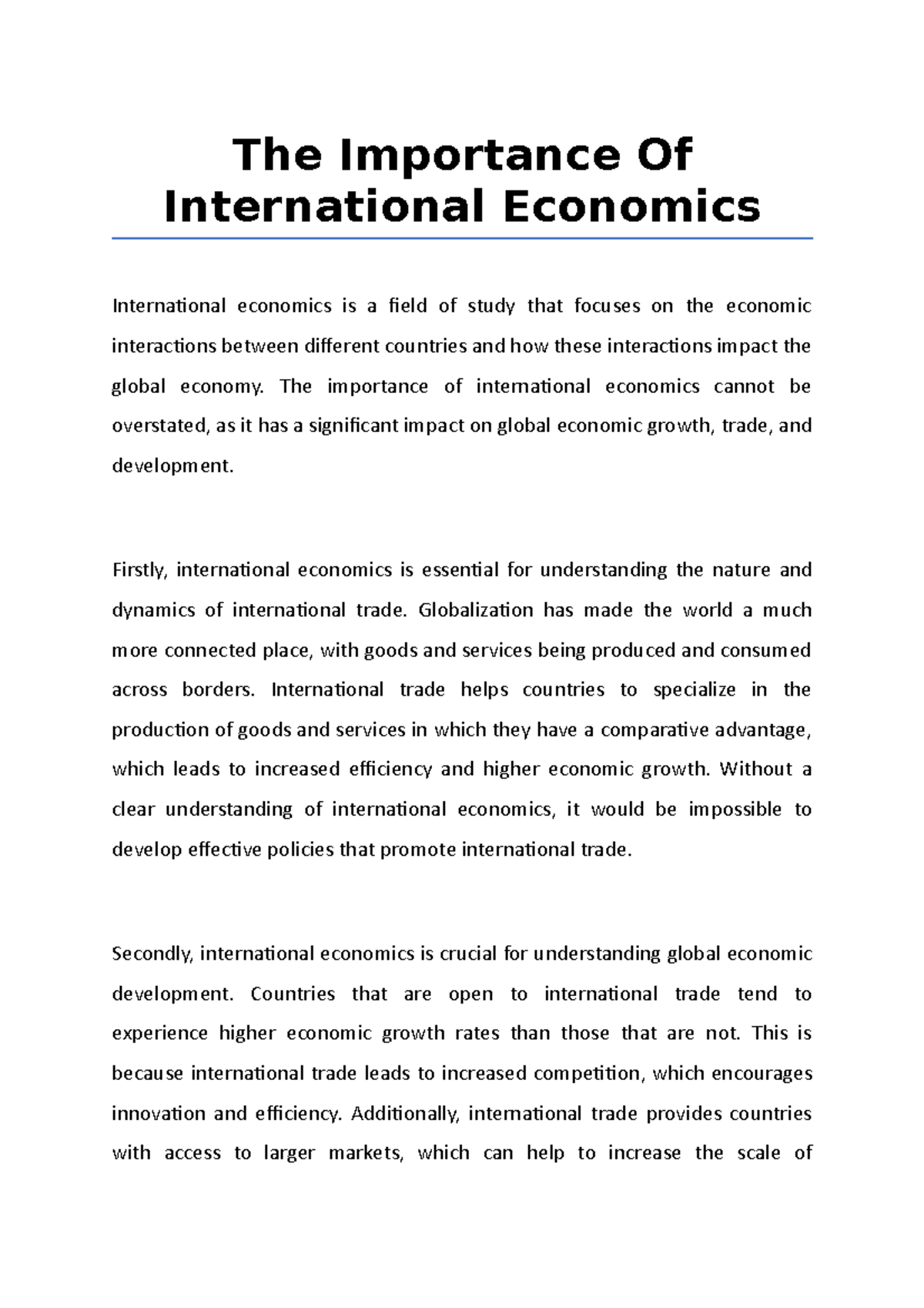 The Significance of International Economics in a Globalized World - Studocu