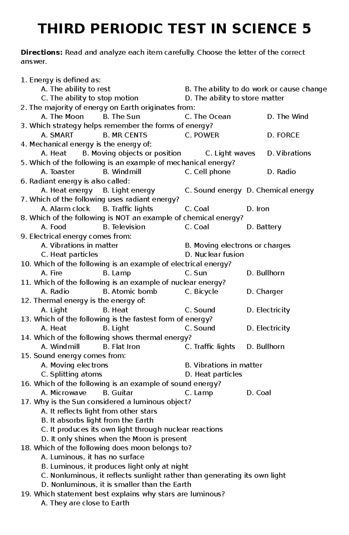 3PT SCIENCE 5: Energy Concepts & Applications Test - Studocu
