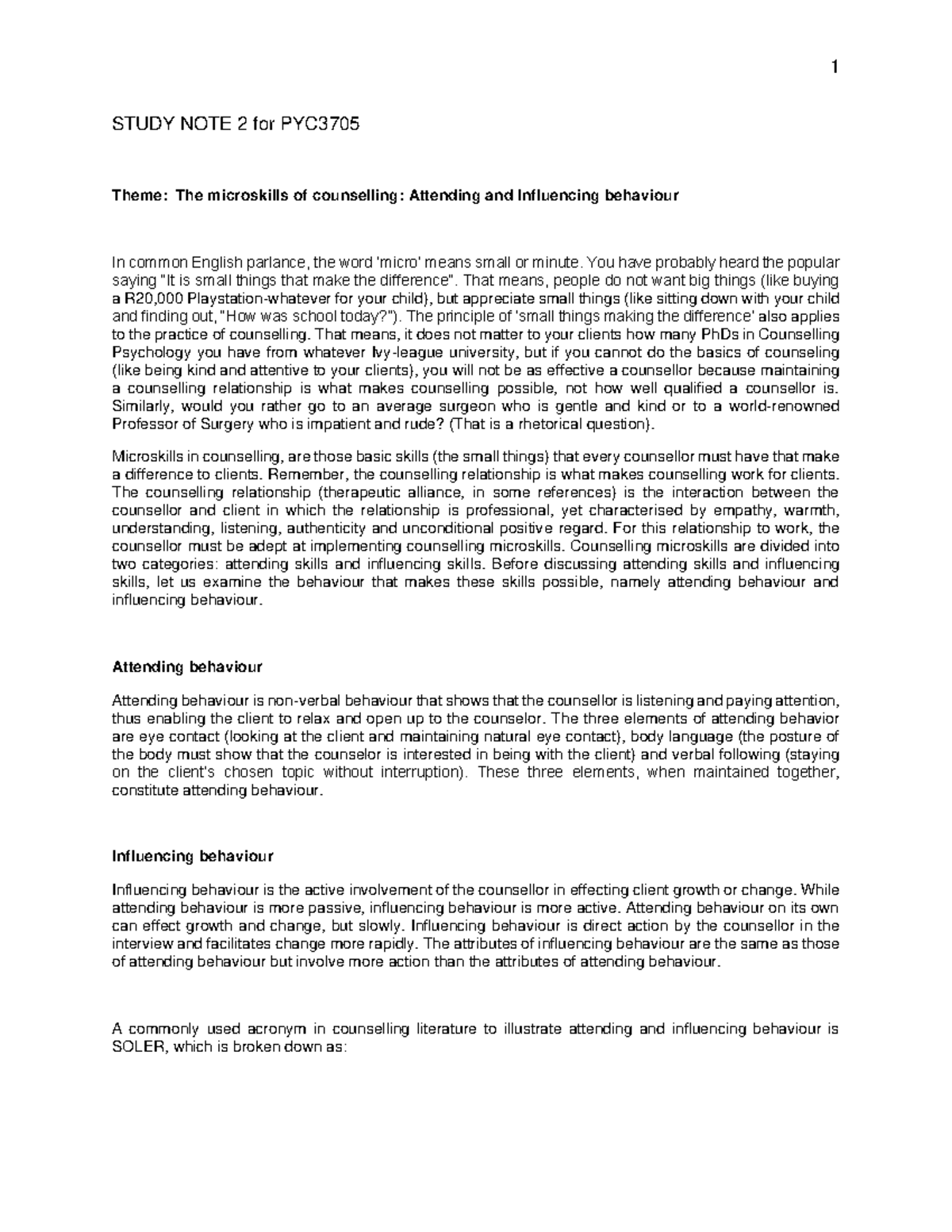 PYC3705 Study Notes: Microskills in Counselling - Attending ...