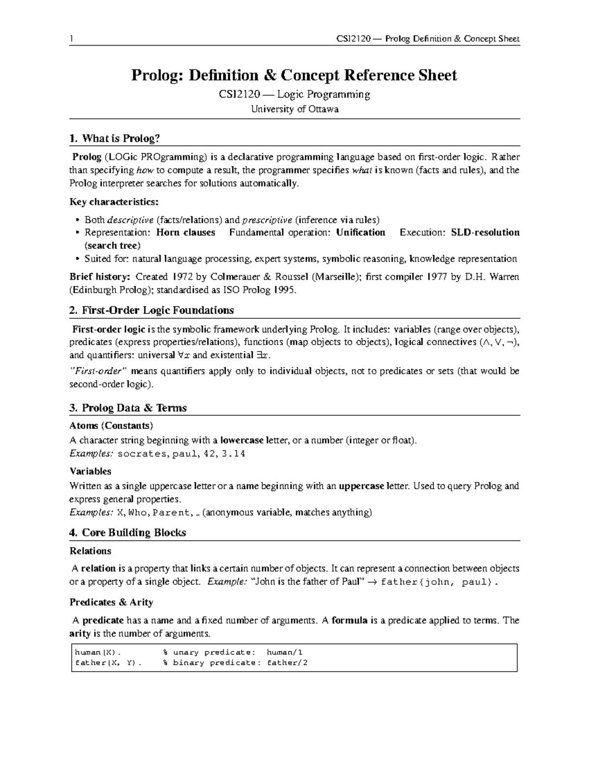 CSI2120 Prolog Definition & Concepts Cheat Sheet - Studocu