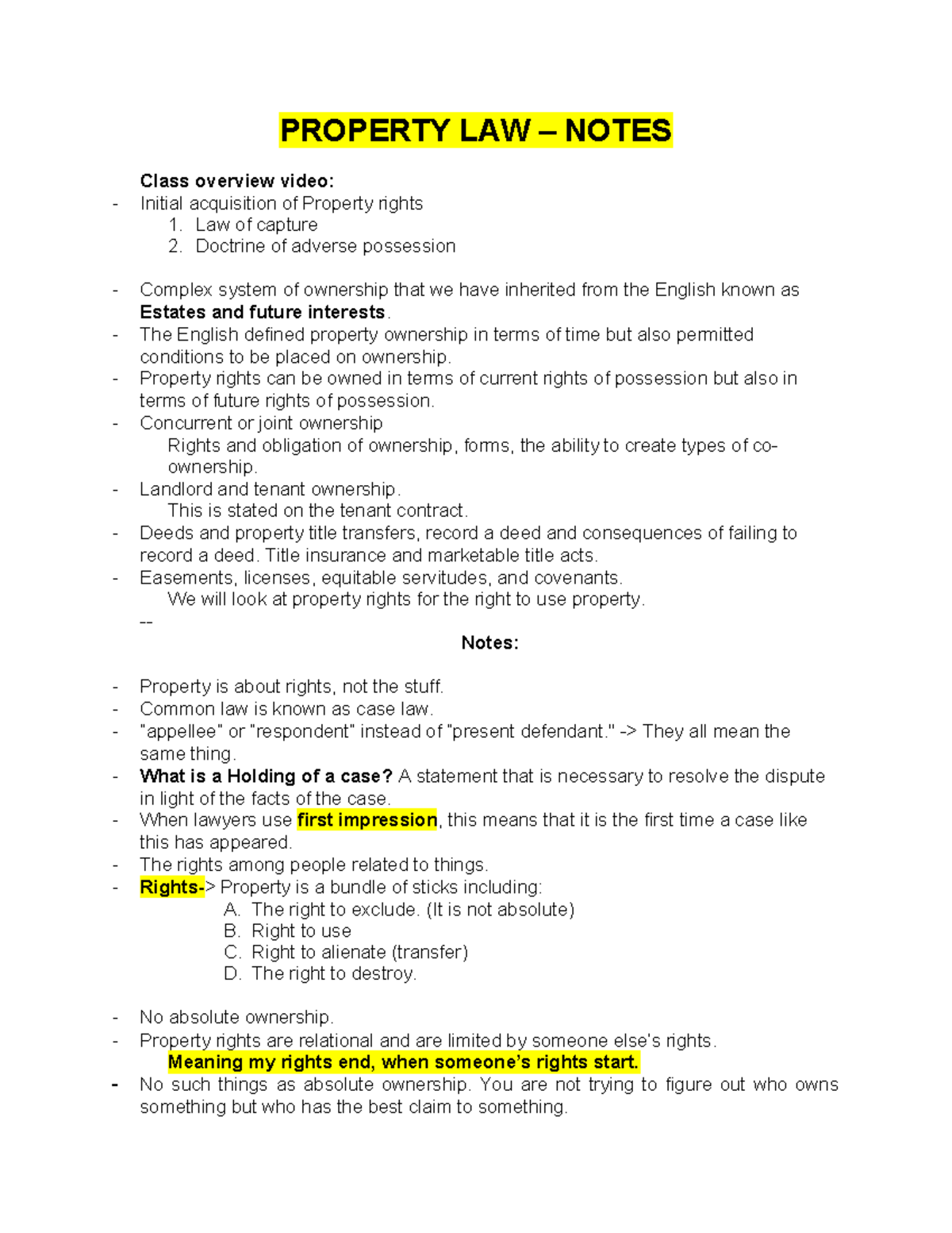 REAL Property LAW- Lecture Notes on Ownership and Rights - Studocu