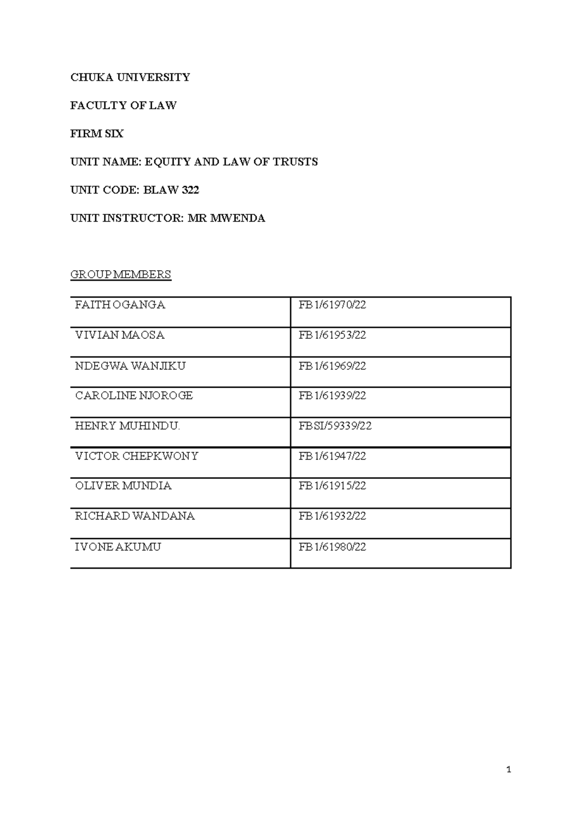 BLAW 322 Final Exam Notes: Equity and Law of Trusts at Chuka University ...