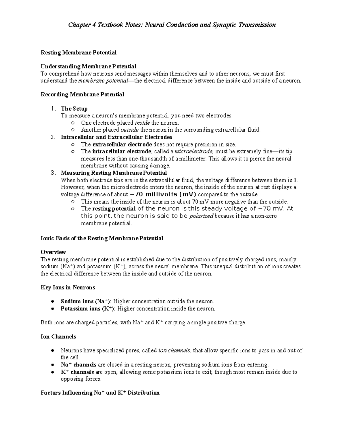 Chapter 4 Notes: Neural Conduction & Synaptic Transmission (NRS 101 ...