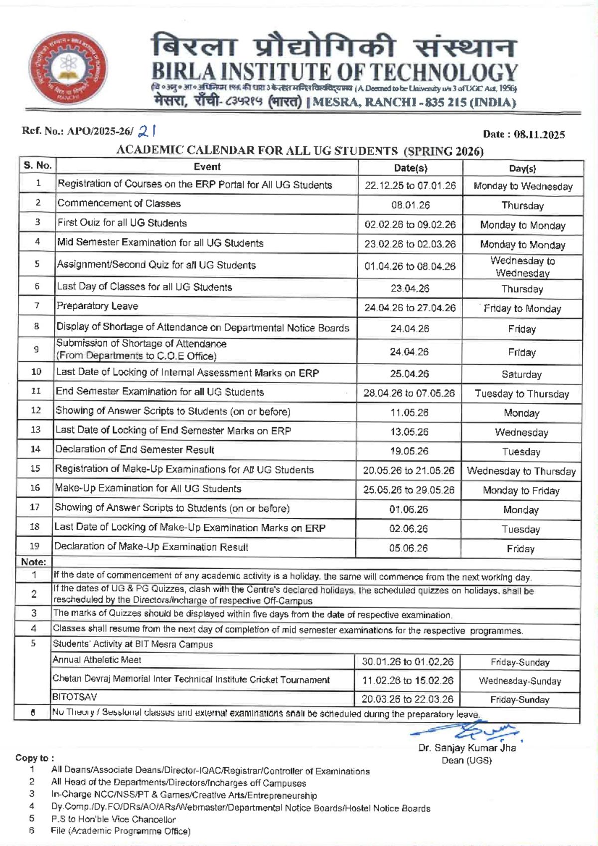 Academic Calendar for UG & PG Students (Spring 2026) - BIT Mesra - Studocu