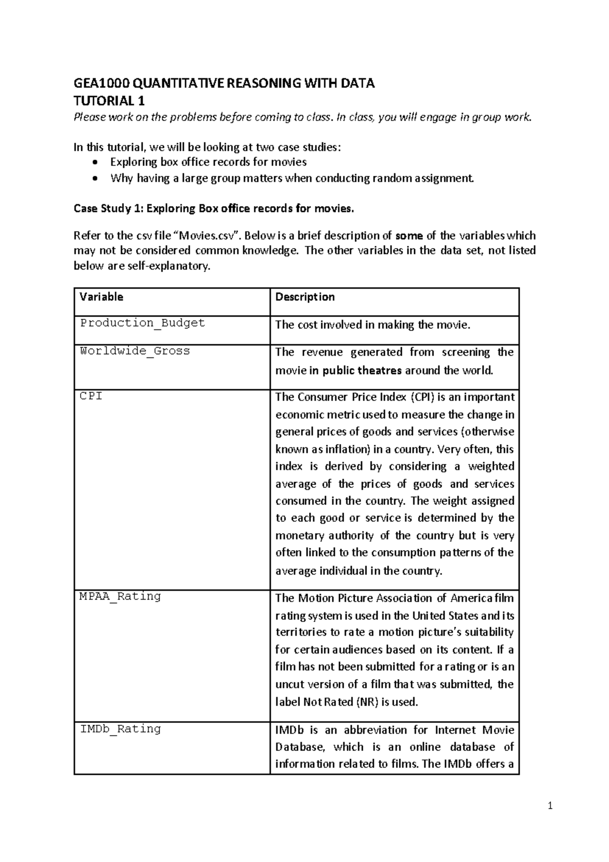 Tutorial 1 - GEA1000 QUANTITATIVE REASONING WITH DATA TUTORIAL 1 Please ...