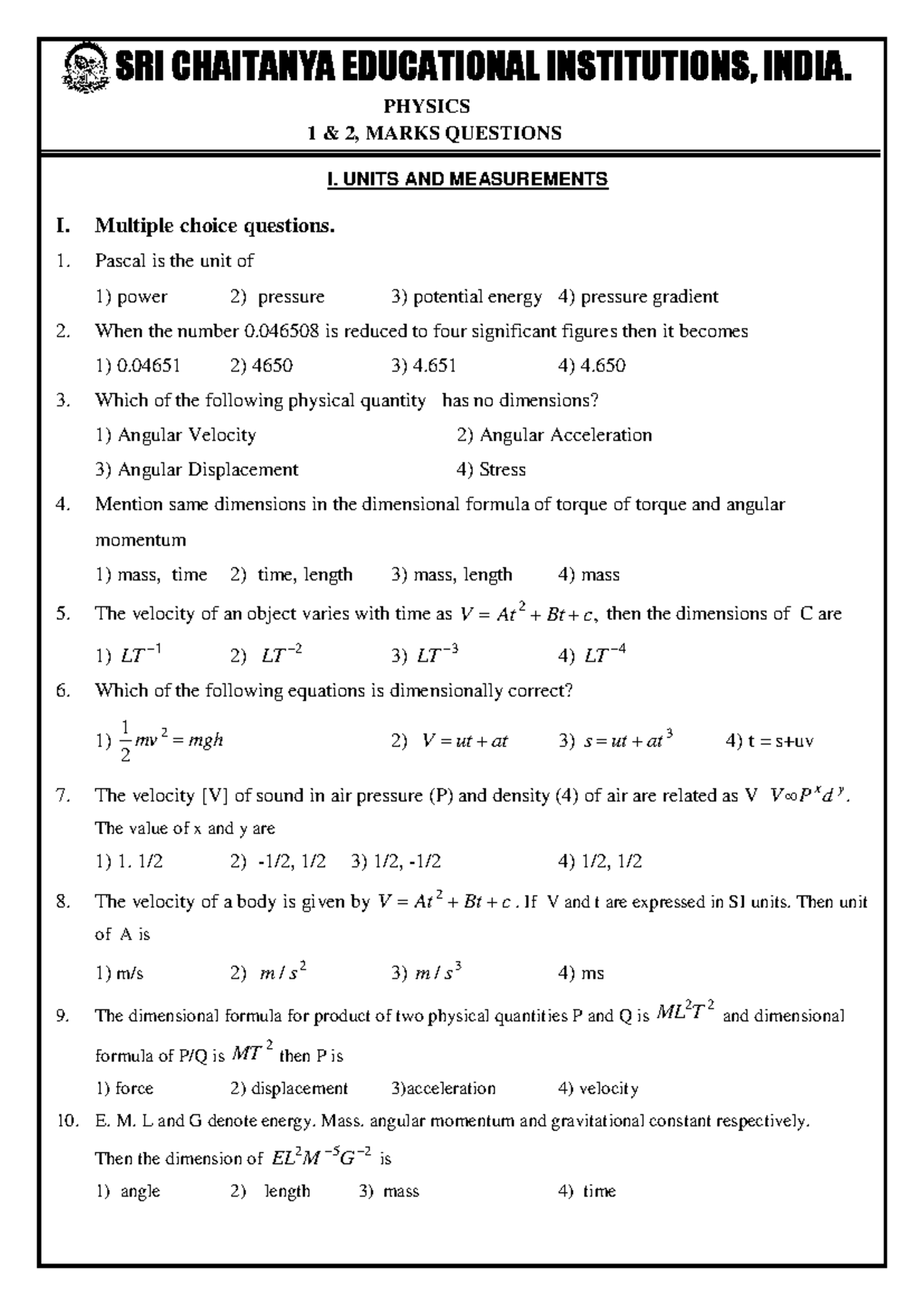 Physics 1 2: Important Marks Questions on Units and Measurements - Studocu