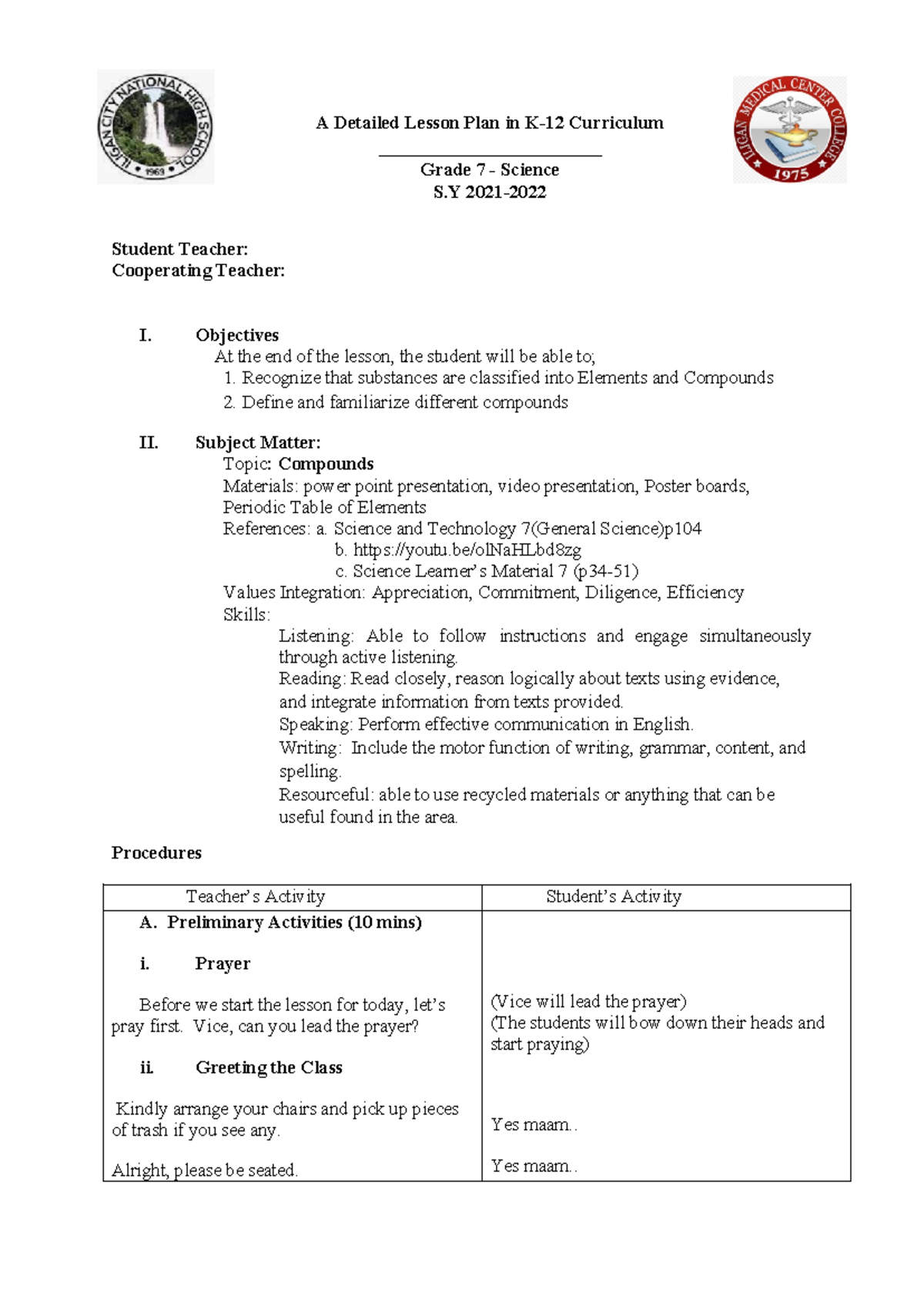 DLP 4 - Detailed Lesson Plan for Grade 7 Science on Compounds - Studocu