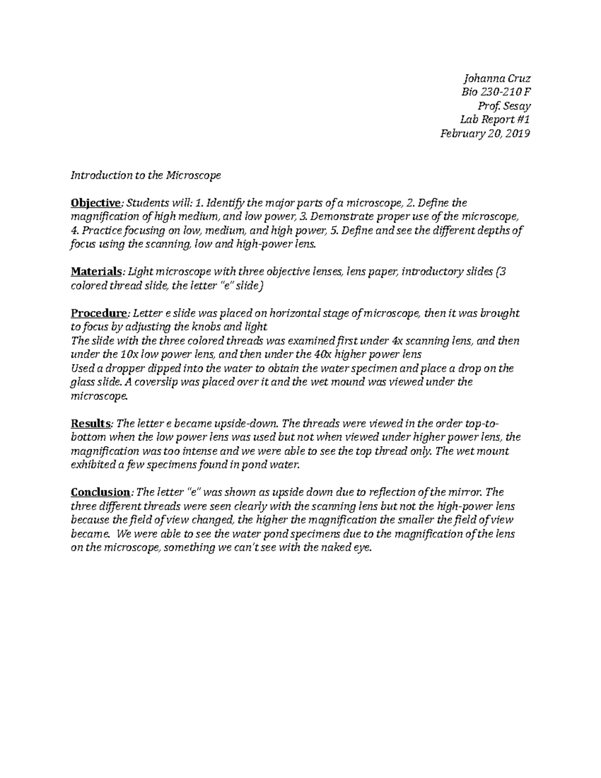 Bio 230-210 Lab Report #1: Microscope Usage and Findings - Studocu