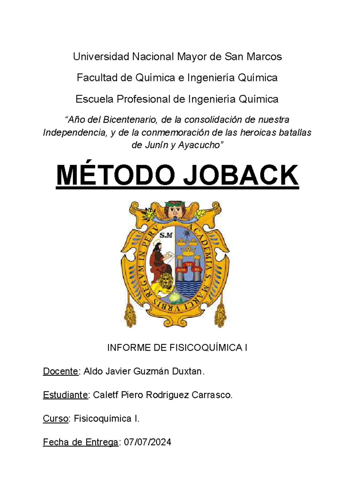 Informe de Fisicoquímica I: Método Joback y Resultados (FIS-101) - Studocu