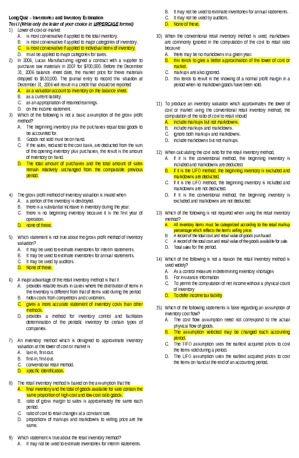 Long Quiz: Inventories and Inventory Estimation Test I - Studocu