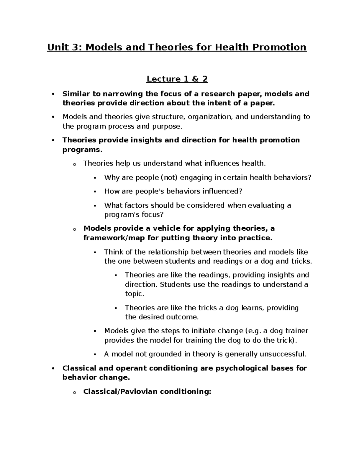 Unit 3 and 4 Lecture Notes - Unit 3: Models and Theories for Health ...