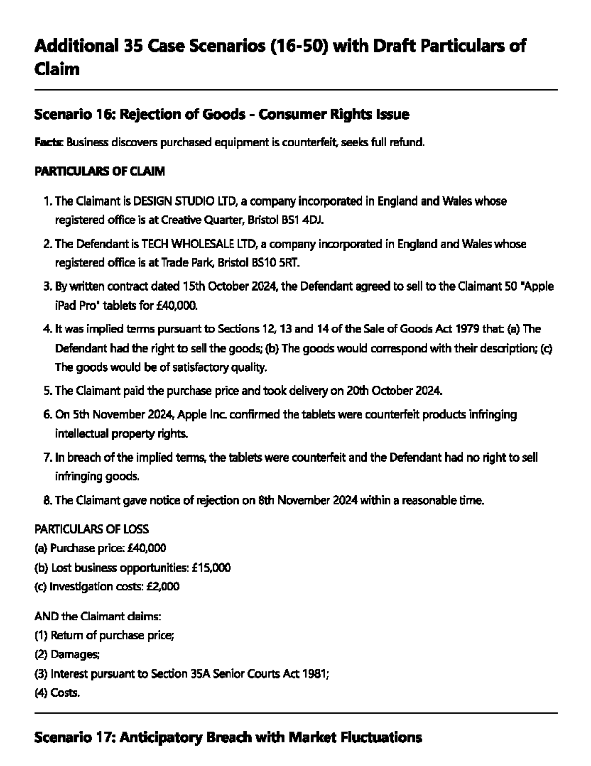 Case Scenarios 16-50: Draft Particulars of Claim Analysis - Studocu