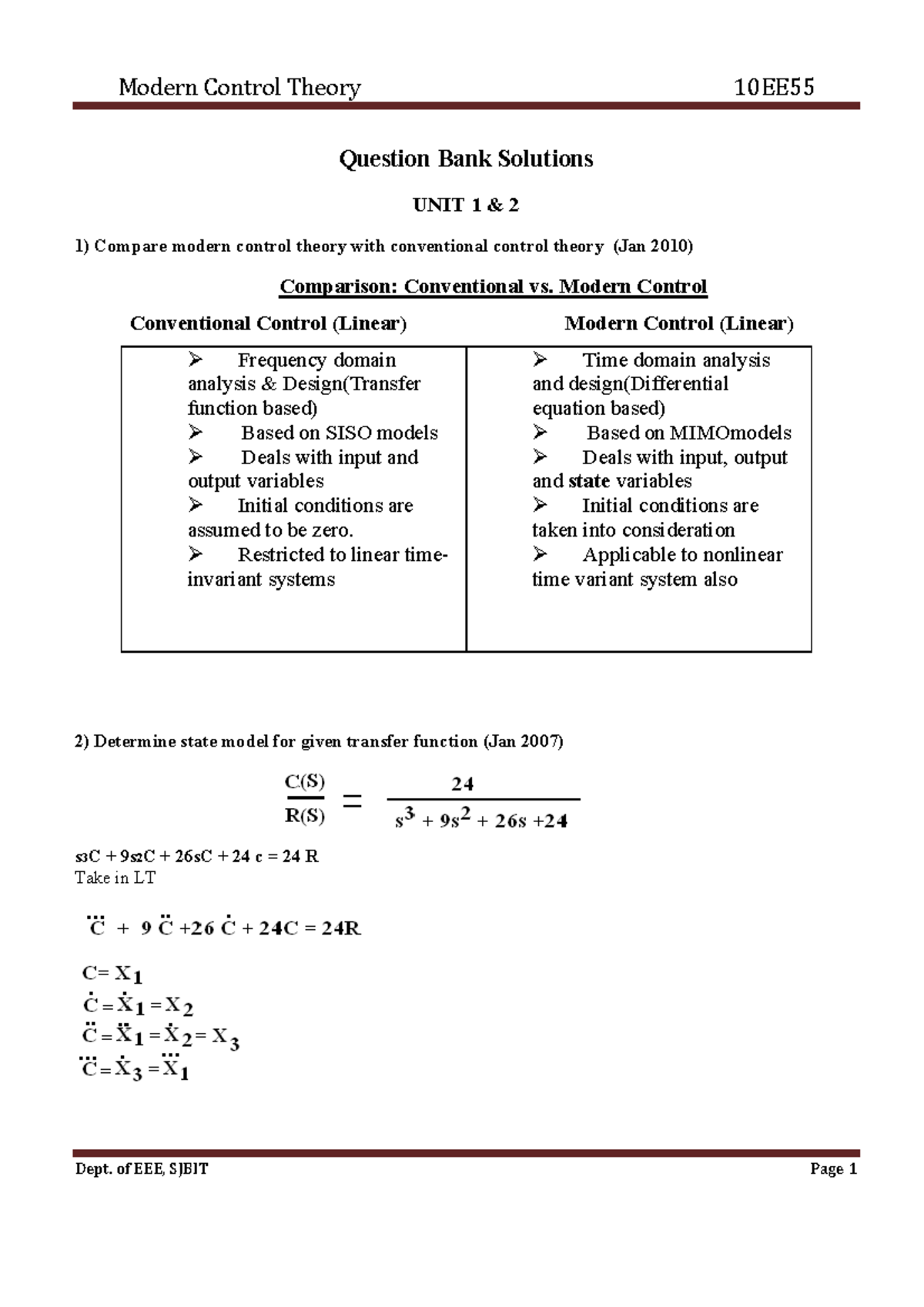 Control Theory Practice Problems - Question Bank (Units 1 & 2) - Studocu