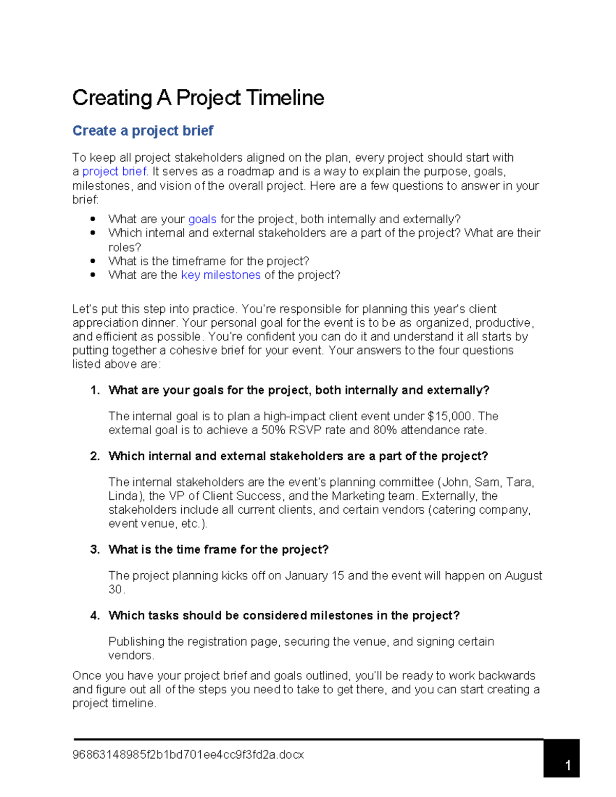 Creating a Project Timeline for Client Appreciation Event - Studocu